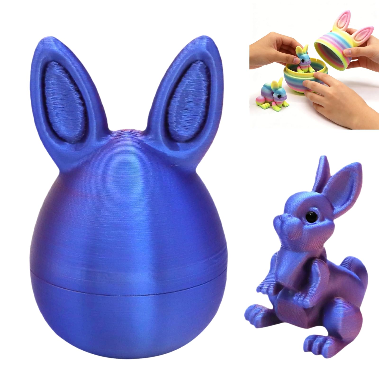 Easter 3D Printed Bunny Eggs Set, 3D Printed Rainbow Easter Egg Colorful Rabbit Figurine Toys, 3d Printing Egg Bunny Ornaments with Mini Cute Rabbit Inside Spring Holiday Decor Gifts (D)