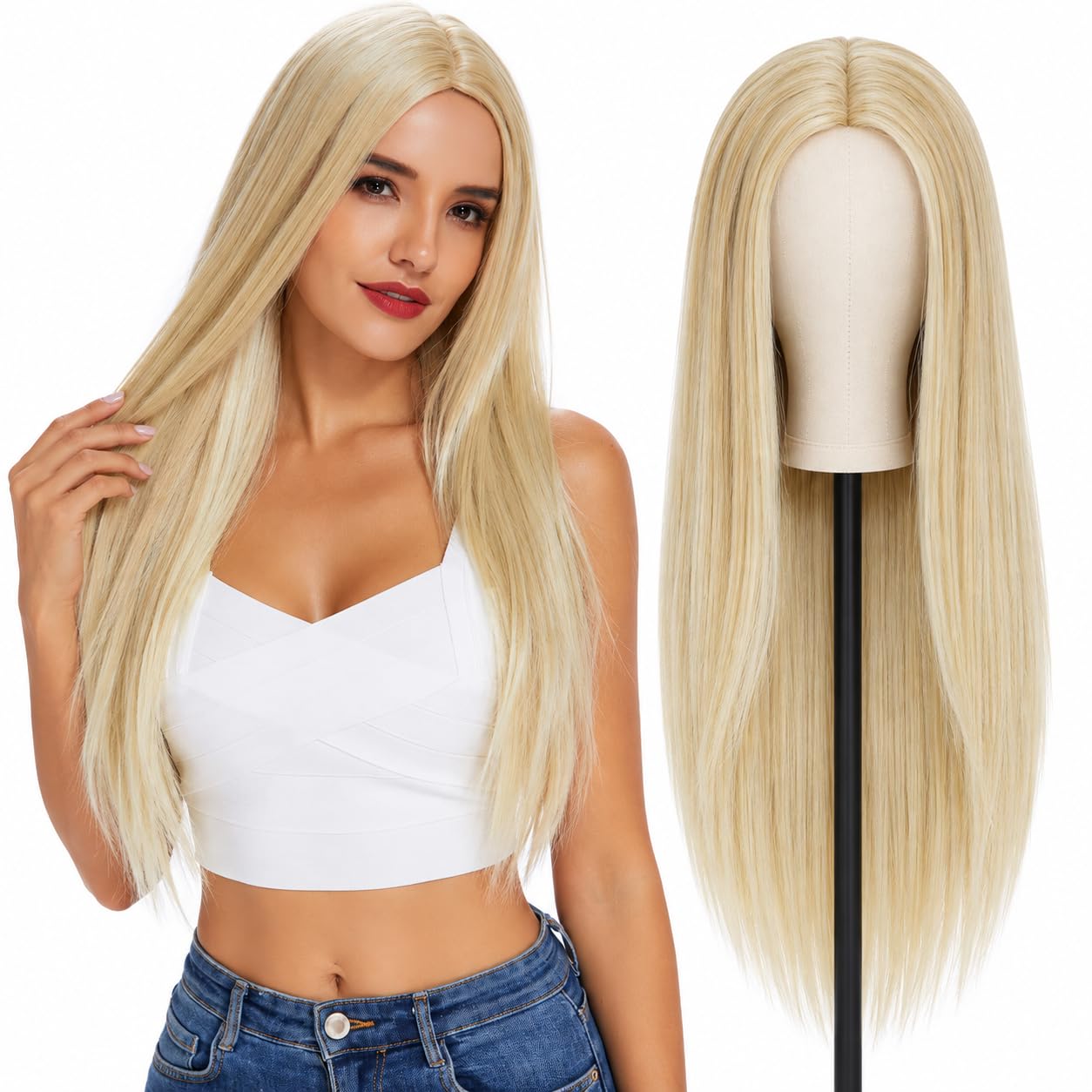 Jiasly Women's Synthetic Hair Wig, Long Straight, Blonde, 22in, with Wig Cap, Model 202005