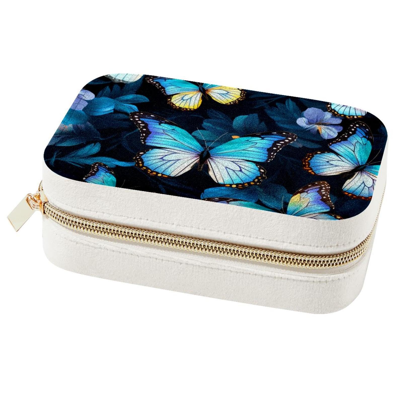 Boîte à bijoux papillon bleu portable pour bagues et colliers