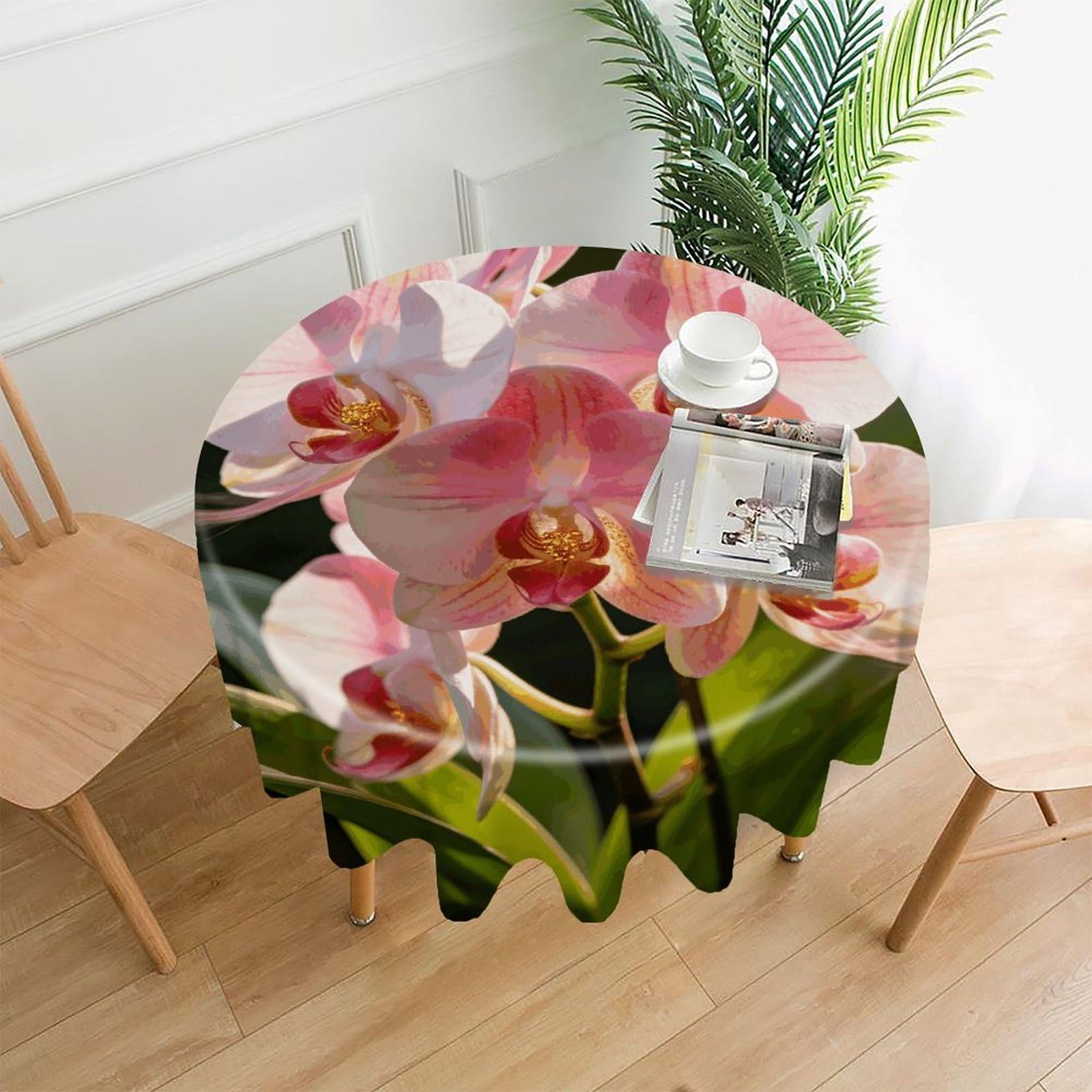 LZQPOEAS Orchid Blossom Tablecloth Easy to Clean Polyester Round Table Cover Washable Round Table Cloth Wrinkle-Free Circle Decoration Tablecloth for Kitchen and Dining Room 60"