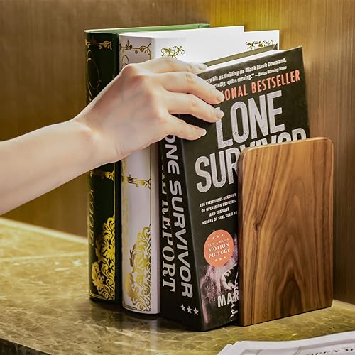 Miniatura 3 de Sujetalibros grande para libros pesados, 7 x 4 x 5 pulgadas, paquete de 3 sujetalibros de madera para libros pesados, extremos de libros de nogal