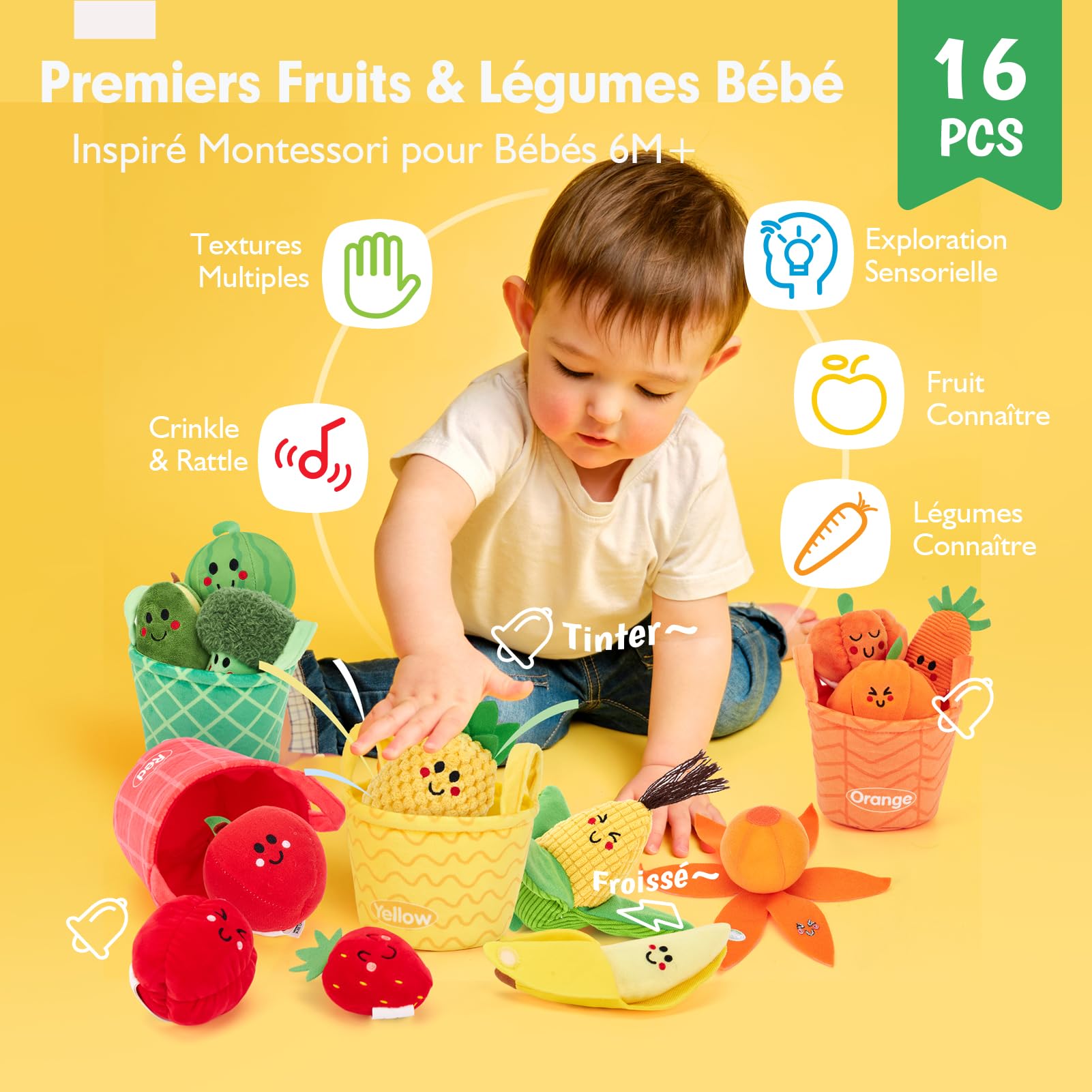 hahaland Jouet Bebe 6 Mois Jouet Eveil Bebe 6-12 Mois, 16 Pièces Fruits et Legumes Jouets en Peluche avec Panier, Jouet Sensoriel Bebe Jeux Montessori Cadeau Bebe 1 an Garçon Fille
