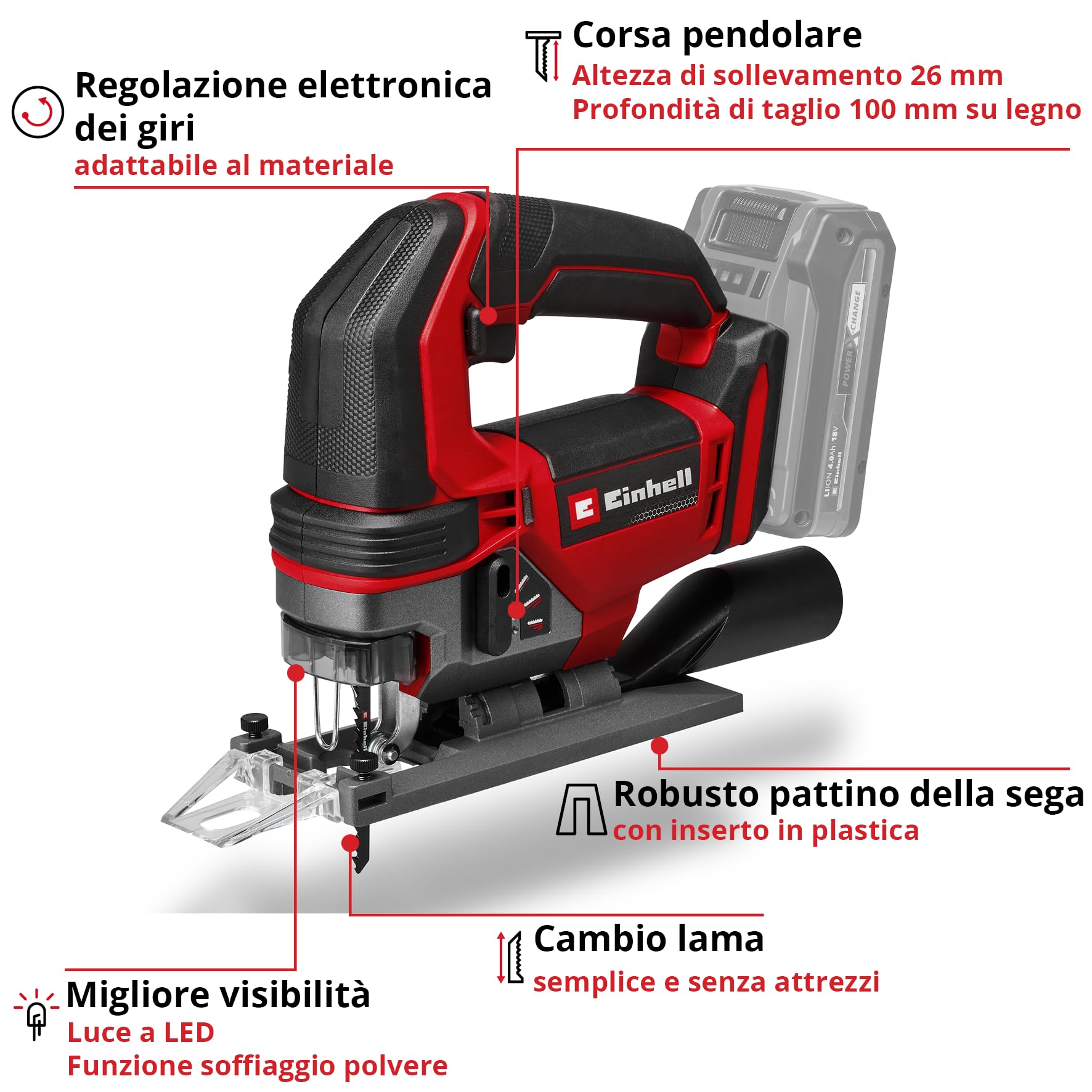 Seghetto alternativo Einhell Professional TE-JS 18/100 Li-Solo Power X-Change (18 V, profondità taglio 100 mm su legno, altezza sollevamento 26 mm, passo max. 45º, incl. lama, senza batteria)