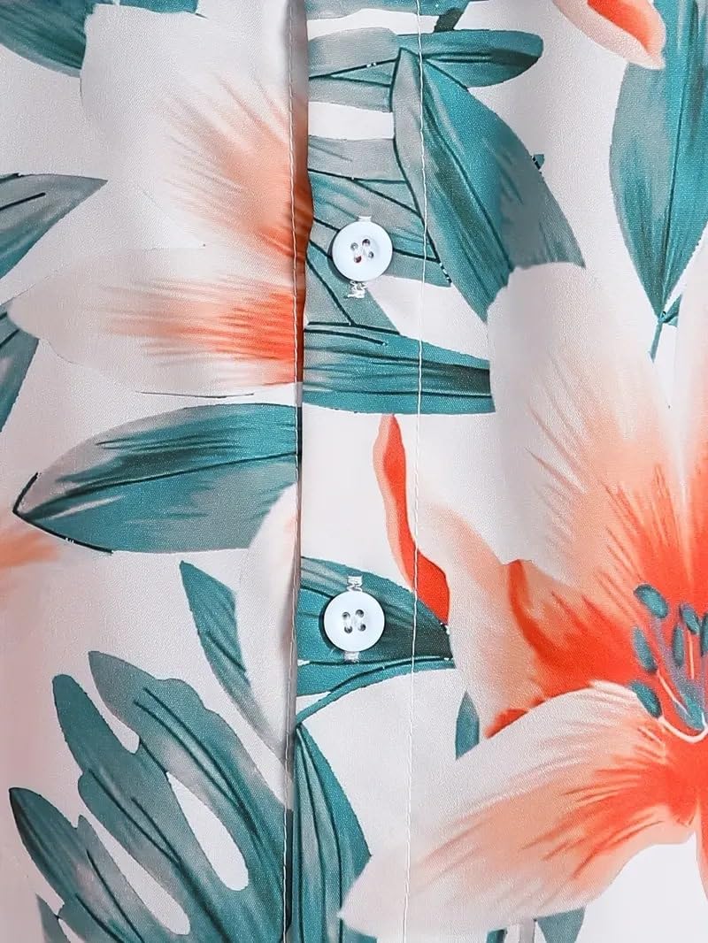 Niren Enterprise Cotton Fabric Casual Half Sleeve Floral Leaf Printed Pattern Kids Boys Shirt White Orange Green Colour 4