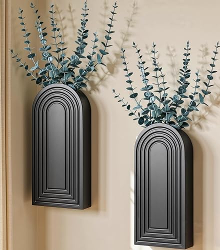 DREAMLOOM 2 Pack Wooden Wall Vases with Eucalyptus Artificial Plants, Wall Hanging Planters Boho Modern Farmhouse Indoor for Narrow Spaces Entryway Bathroom Home Office Decoration, Black