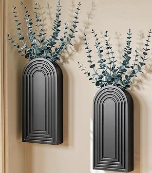 DREAMLOOM 2 Pack Wooden Wall Vases with Eucalyptus Artificial Plants, Wall Hanging Planters Boho Modern Farmhouse Indoor for Narrow Spaces Entryway Bathroom Home Office Decoration, Black