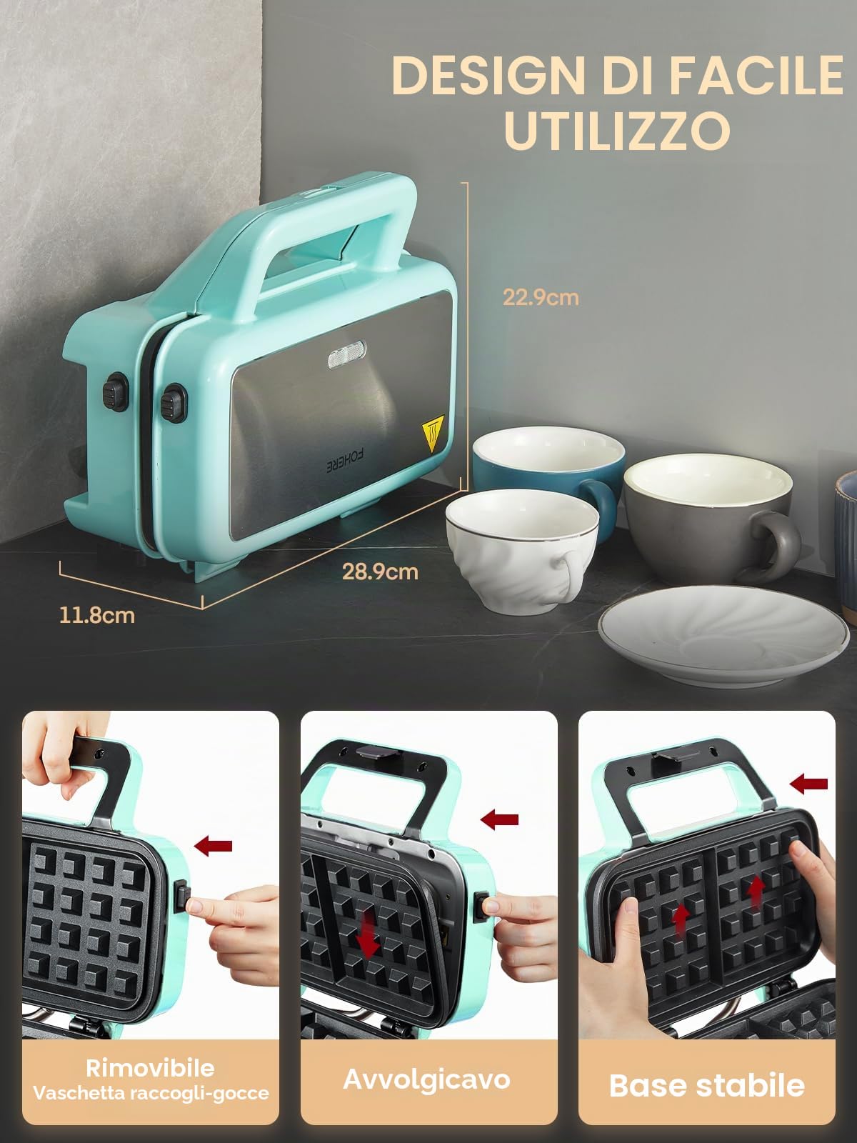 Piastra Waffles Maker 3 in 1, 1200W Tostapane Piastra Panini, Tostiera Elettrica, ad Alta Potenza, Controllo della Temperatura a 5 Marce, Deposito Cavi, Rivestimento Antiaderente (Blu)