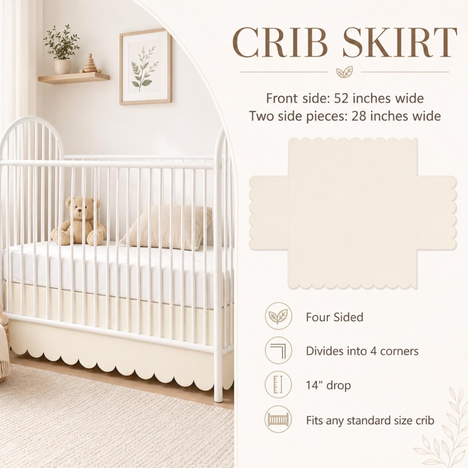 Hahafelt Scalloped Crib Skirt for Baby Girl Nursery, 28"x 52" with 14" Drop, 4-Sided Dust Ruffle, Soft Breathable Fabric, Elegant Nursery Decor, Fits Standard Crib, Beige