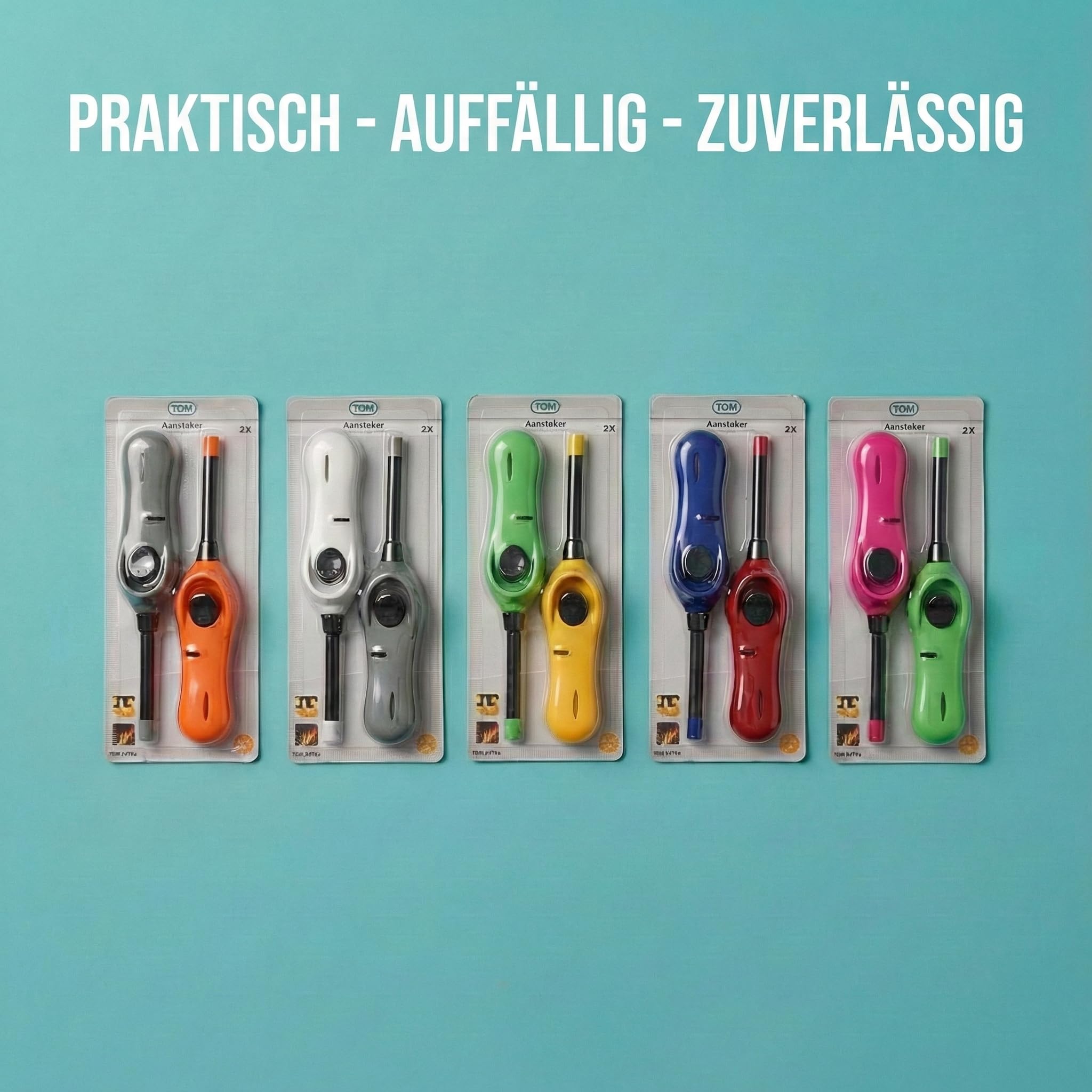TOM Stabfeuerzeug Set 10 Stück nachfüllbar 21,8 cm | Langes Gasfeuerzeug und Kerzenanzünder, elektronisches Zündsystem, Soft Flame, für Kerzen, Grill und Kamin