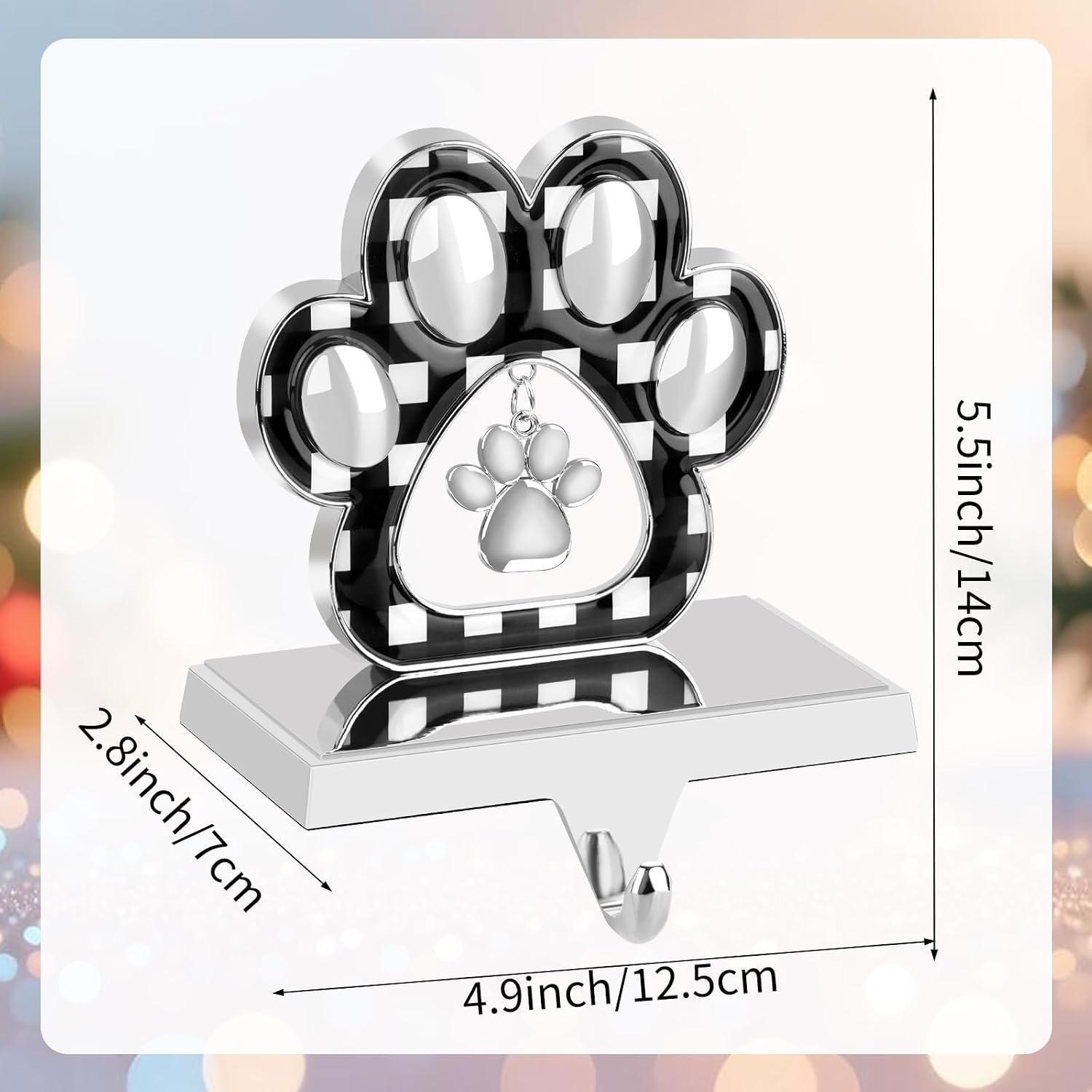 Hxezoc 3D Dog Paw Christmas Stocking Holder with Small Dog Paw Pendant Silver Metal Mantel Pet Stocking Hangers for Christmas Fireplace Mantel Decorations Xmas Holiday Supplies (Black and White) image 2