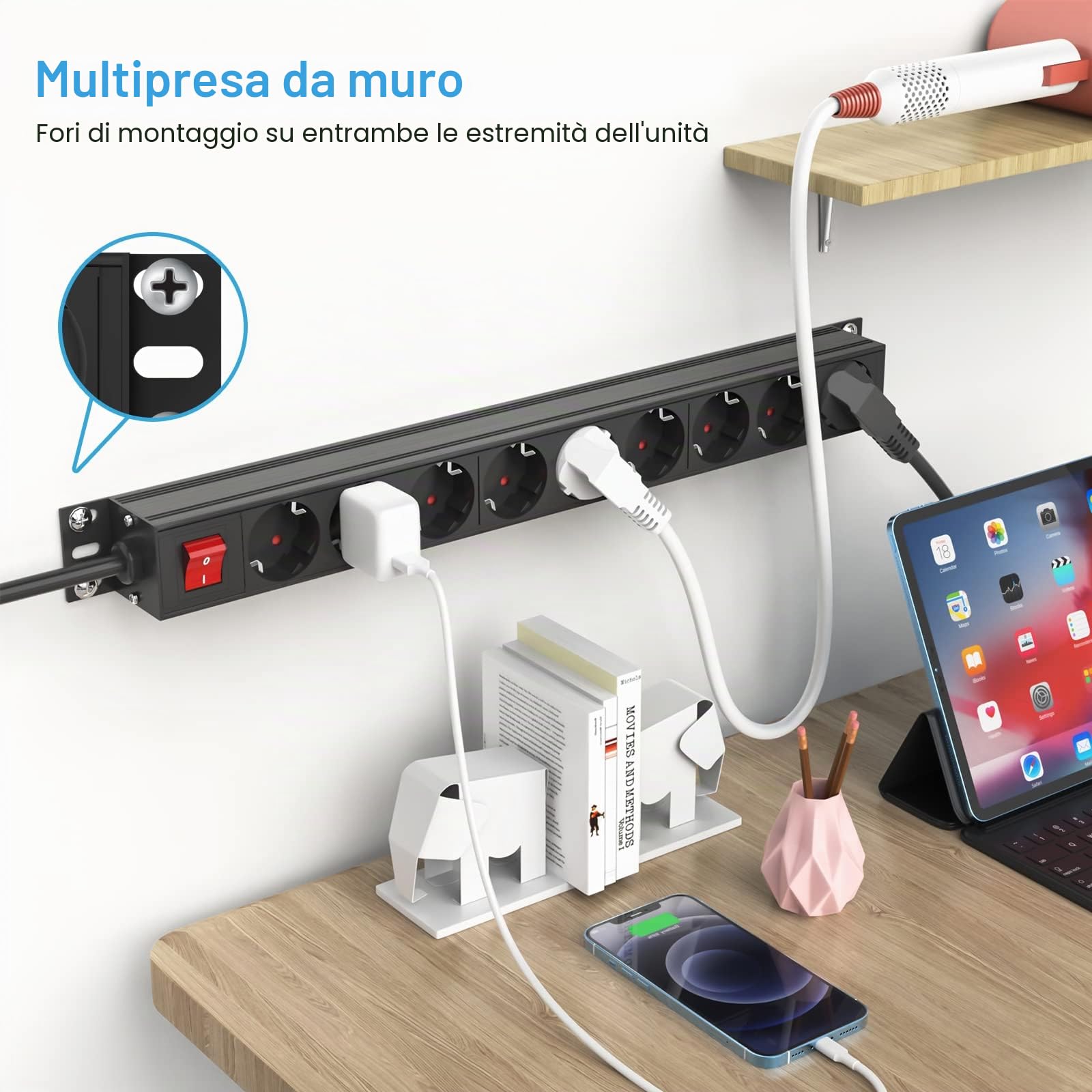 Multipresa Ciabatta Elettrica 9 Prese, Presa Multipla con Interruttore per Rack 19" in Alluminio, Protezione contro Sovratensione, Prolunga Elettrica 2 metri, 3500W/16A per Ufficio Casa, Nera