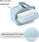 Travel Toiletry Bag for Women, Large Wide-open Puffy Cosmetic Makeup Bag with Wet-Dry Separation, Multi-Pocket Organizer with Carry Handle for Toiletries, Cosmetics, Essentials, Light Blue