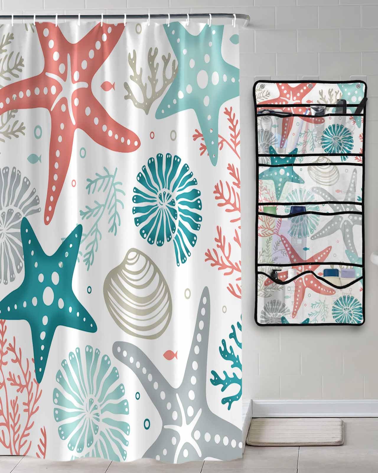 Shower Curtain Mesh Shower Organizer Hanging Set Summer Ocean Teal and Red Grey Coral Starfish Seashells Waterproof Shower