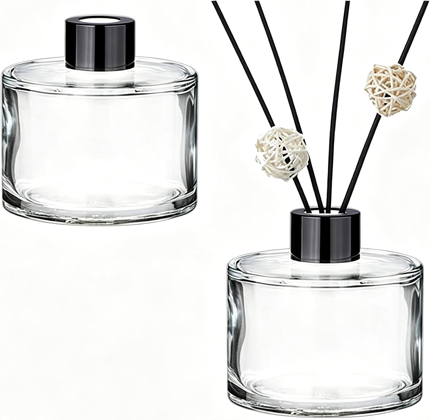 Set of 2 Round Glass Diffuser Bottles with Black Caps Diffuser Jars Empty Refillable Glass Fragrance Diffuser Bottles Fragrance Accessories Use for DIY Replacement Diffuser Set