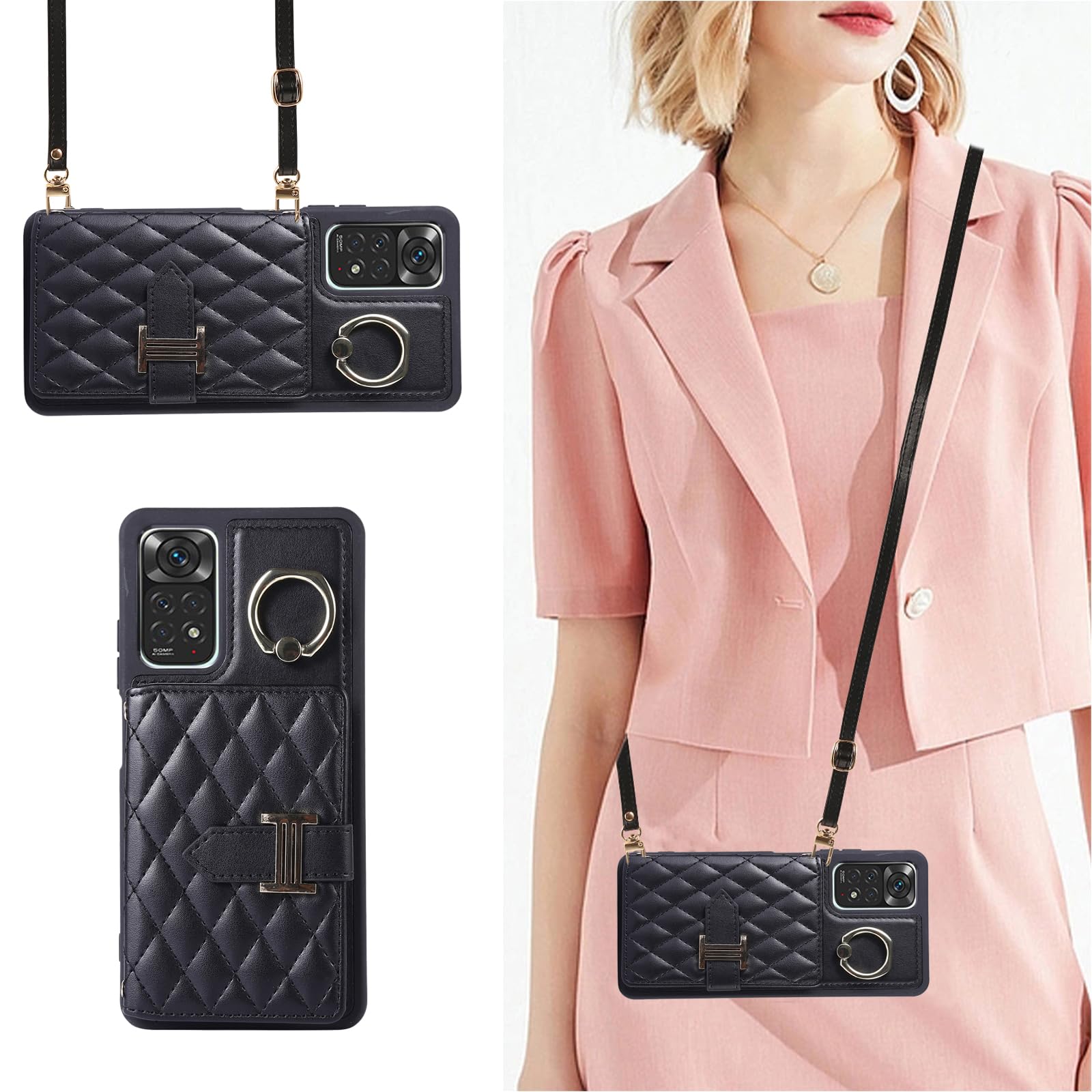 Custodia A Portafoglio Con Tracolla Per Xiaomi Redmi Note 11 Pro 4G/5G, In Pelle Con 2 Porte Carte E Anello Girevole 360°, Supporto Da Visione, Nera