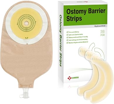 Carbou 15PCS One-Piece Urostomy Bag Drainable Pouches with Measure Card + 20 Pcs Elastic Ostomy Barrier Strips - Medical Grade Hydrocolloid Waterproof Leak
