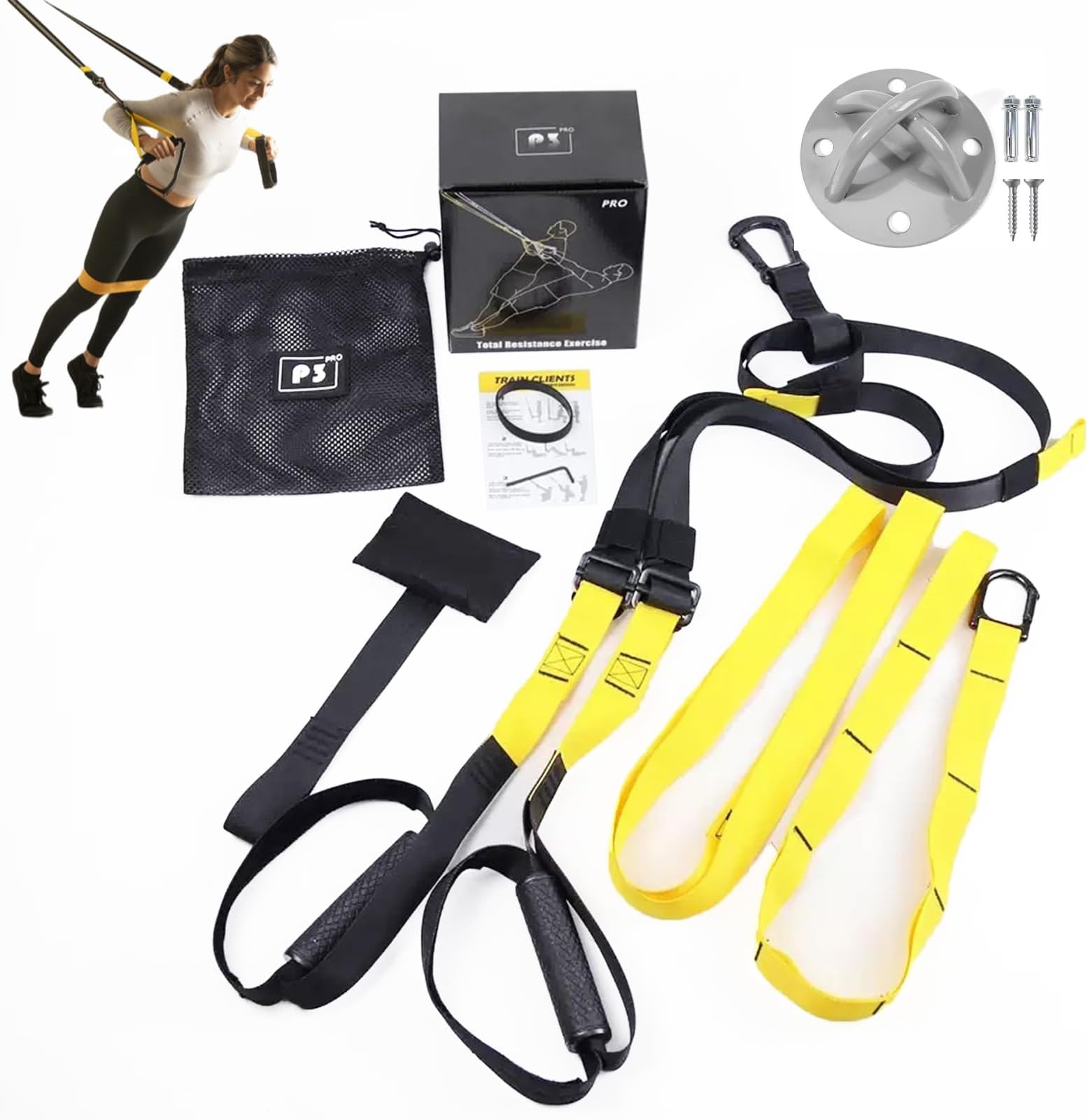 Suspension Trainer Kit, Sling Training with Door Anchor, Adjustable Multifunctional Fitness Band Set for Home Gym and Outdoor Professional Full-Body Workouts 6pcs (Black Yellow)