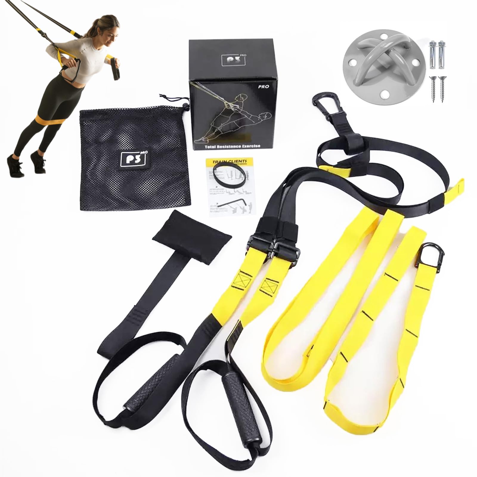 Suspension Trainer Kit, Sling Training with Door Anchor, Adjustable Multifunctional Fitness Band Set for Home Gym and Outdoor Professional Full-Body Workouts 6pcs (Black Yellow)