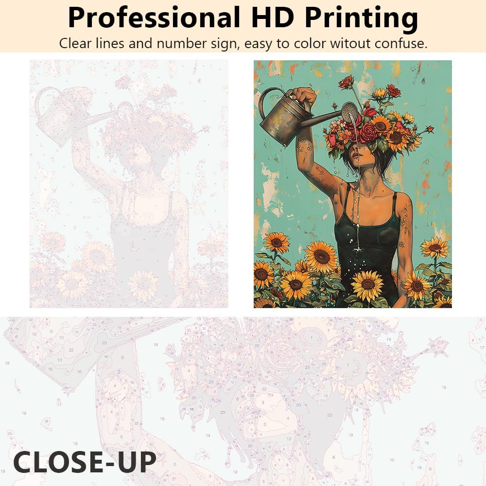 Sunflower DIY Paint by Numbers Kit for Adults Woman with Flower Her Head is Holding Watering Can Paint by Numbers Girl Paint by Numbers Kit Acrylic Painting Oil Painting Art Crafts 16"x20" with Frame