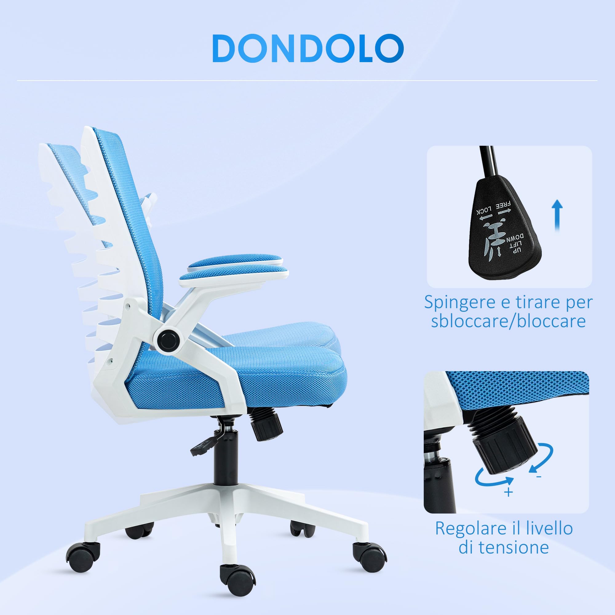 Vinsetto Sedia Ergonomica Ufficio Girevole 54x54x89-99 cm Bianca e Azzurra