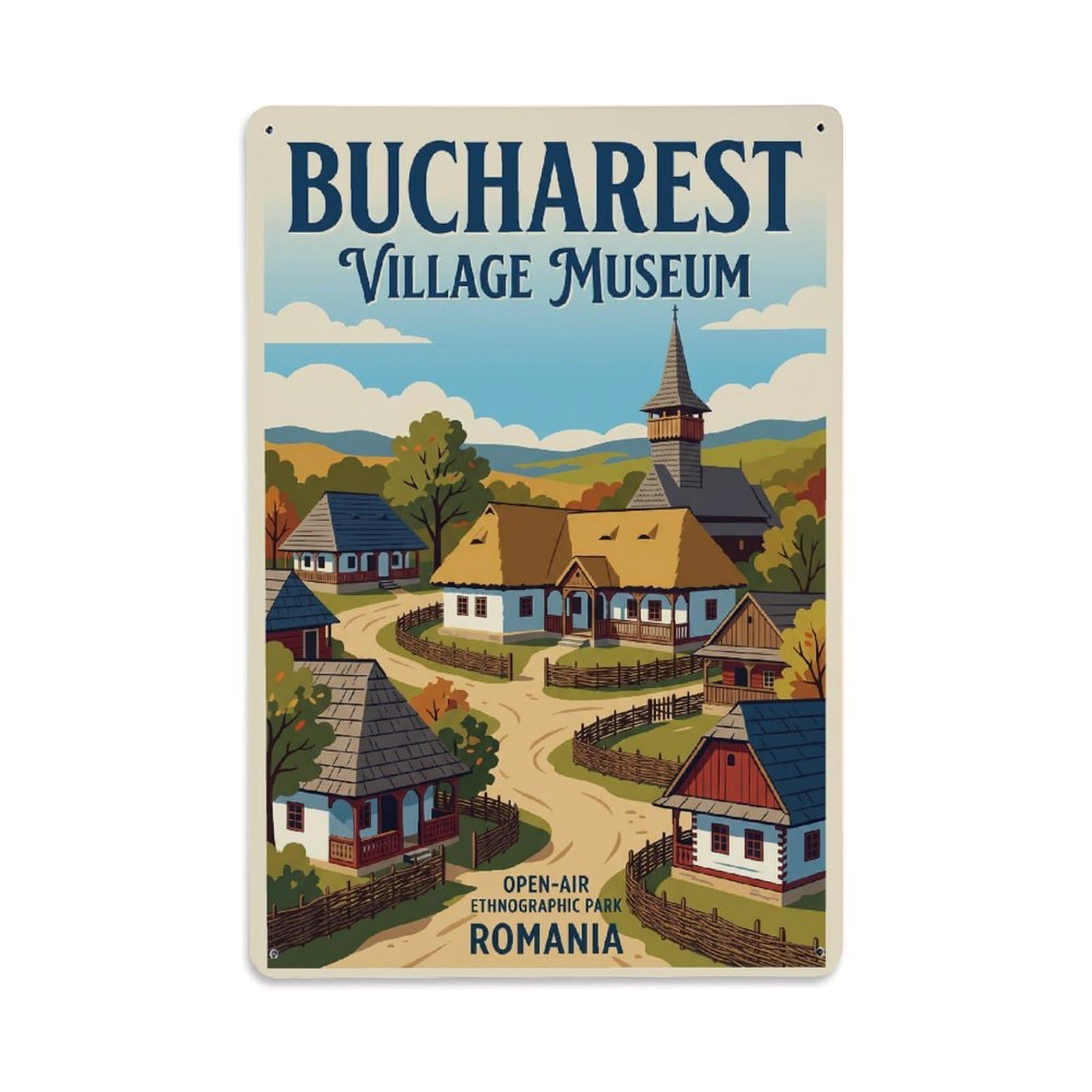 Vintage Travel Bucharest Village Museum Clean Romania Metal Tin Sign Plaque Wall Decor for Cafe, Club Bar, Office, Home Garden Metal Poster 8x12Inch