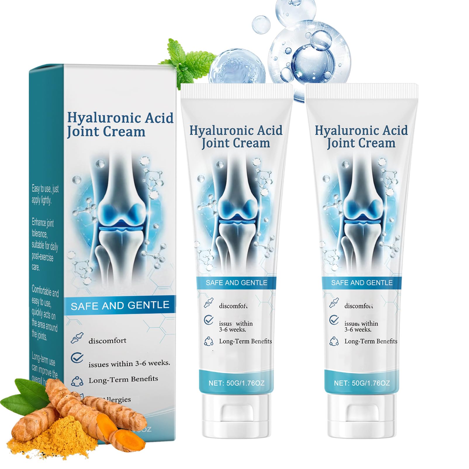 Hyaluronsäure Joint Care Creme, Hyaluronic Acid Joint Cream Gegen unbehagen, Beruhigende Gelenkpflegecreme für Rücken, Nacken, Hände, Knie, Gelenk Soothes Creme mit Kurkuma & Minze (50 g (2er Pack))