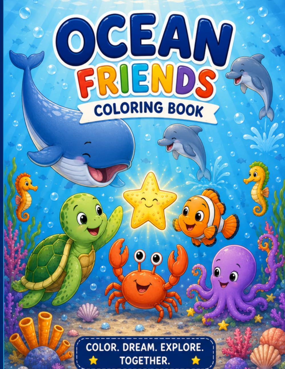 Ocean Friends Coloring Book: Cute Sea Animals, Underwater Adventures And Fun Ocean Story For Kids 3-7