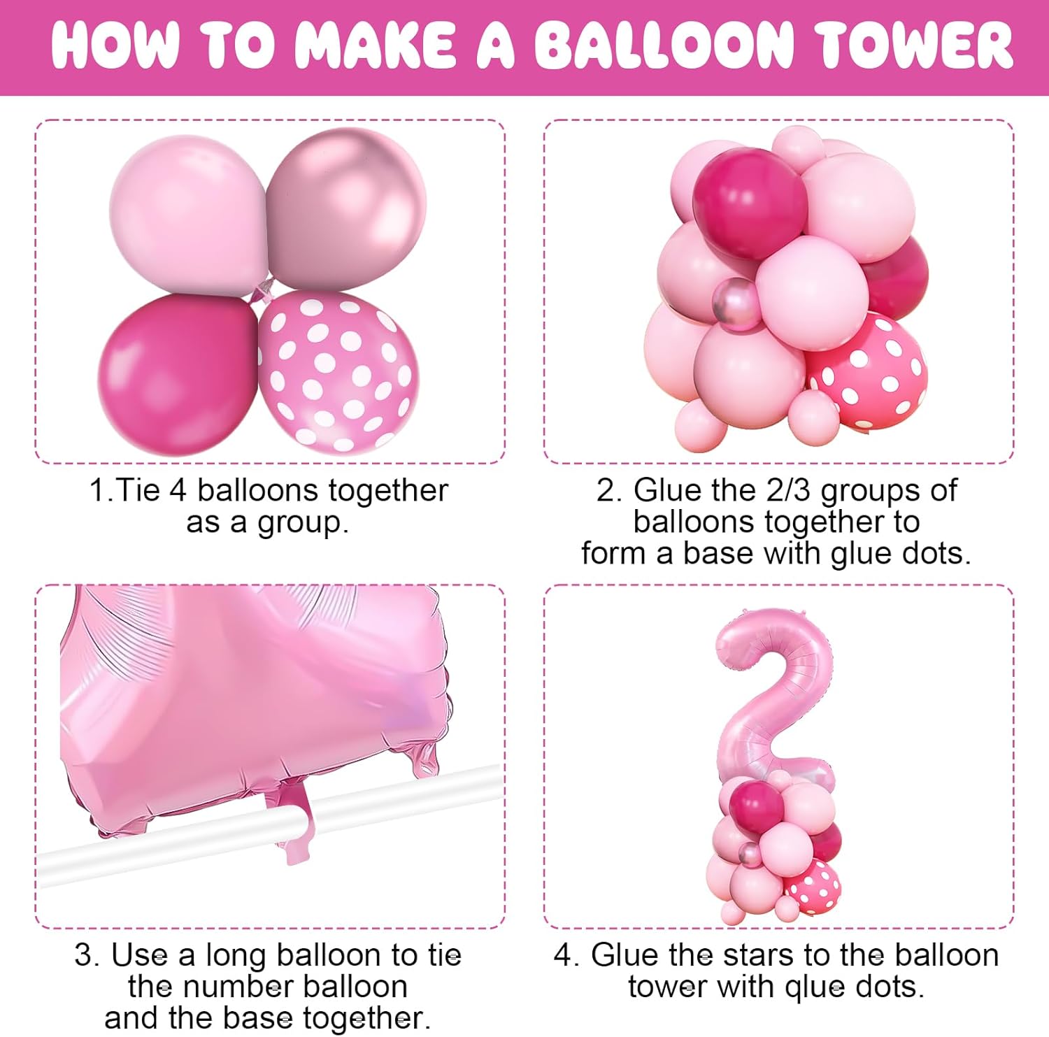 Pink 2nd Birthday Balloons Decorations, Hot Pink Rose Polka Dots Balloons Arch Kit, Huge Bow Foil Balloon, pink Number 2 Balloon Tower for Baby Shower Girls Princess 2nd Theme Party - Image 7