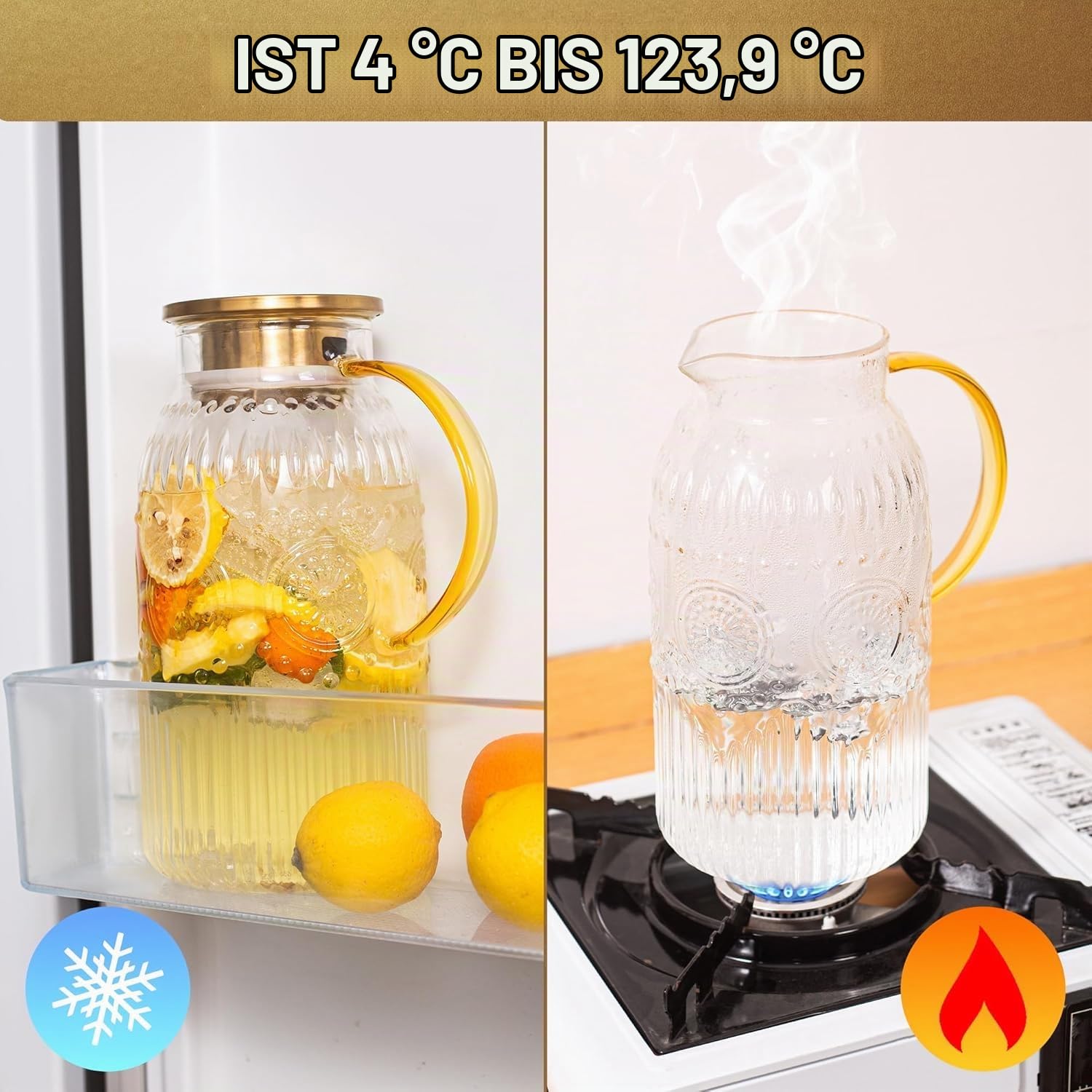 Glaskaraffe Mit Deckel 2 Liter, 2 Stück Edelstahl Deckel und Tropffreier Ausguss, moderne Glaskaraffe für Selbstgemachte Getränke, Eistee, Kaffee, Milch, Wein
