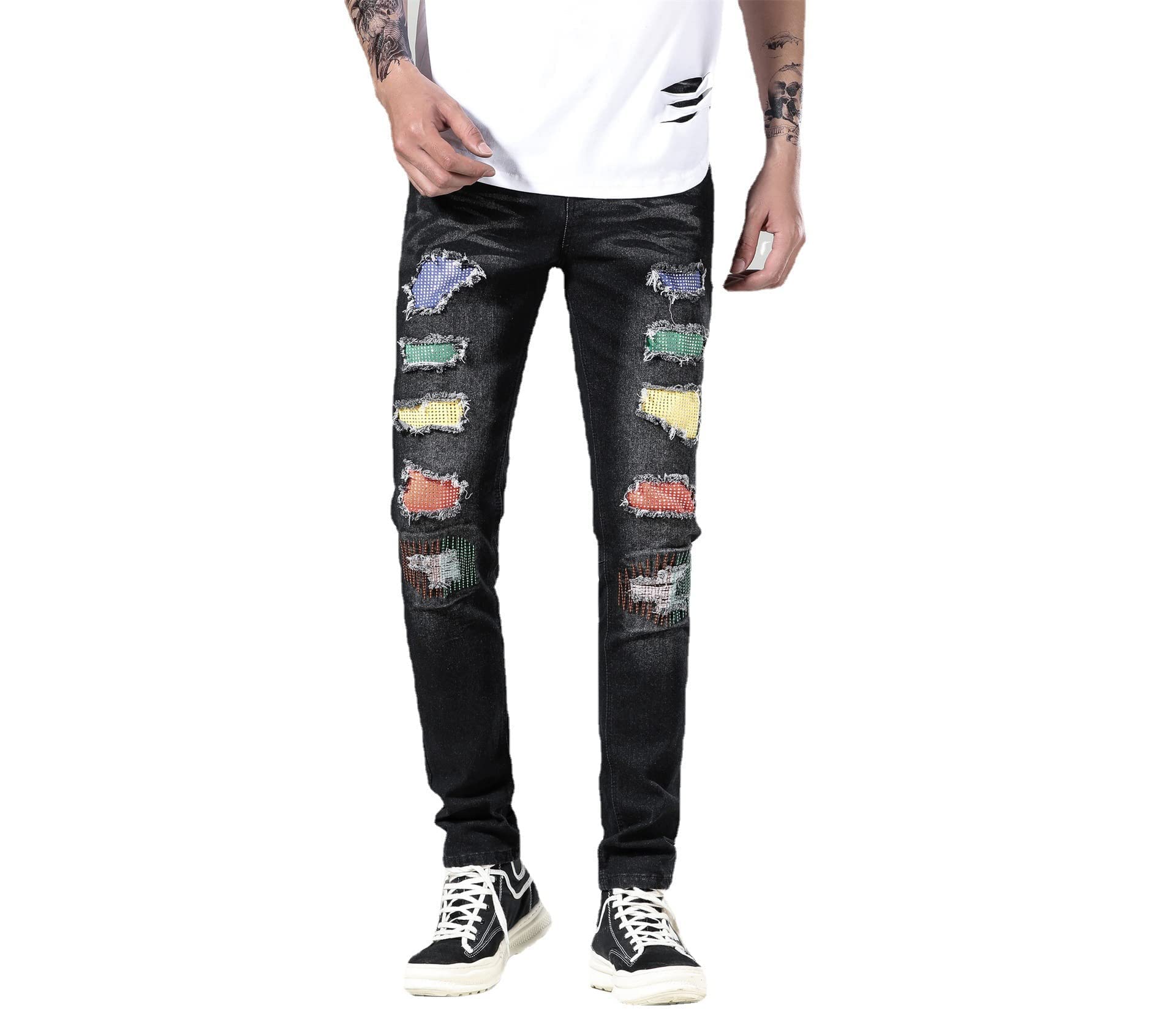 Skinny Slim Fashion męskie podarte proste dziury Hip Hop Biker Stretch Jeans, Czarny (1617), 34W / 31L