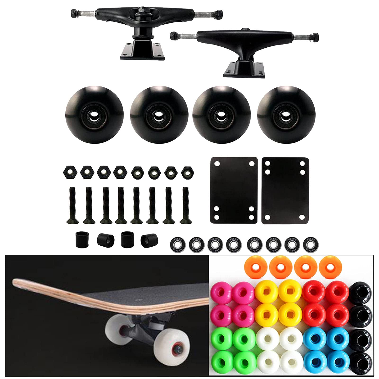 Accessoires de skateboard : 4 roulettes, 8 vis, 8 écrous, 8 roulements, 2 coussins, 4 douilles à personnaliser, comme cadeaux pour garçon