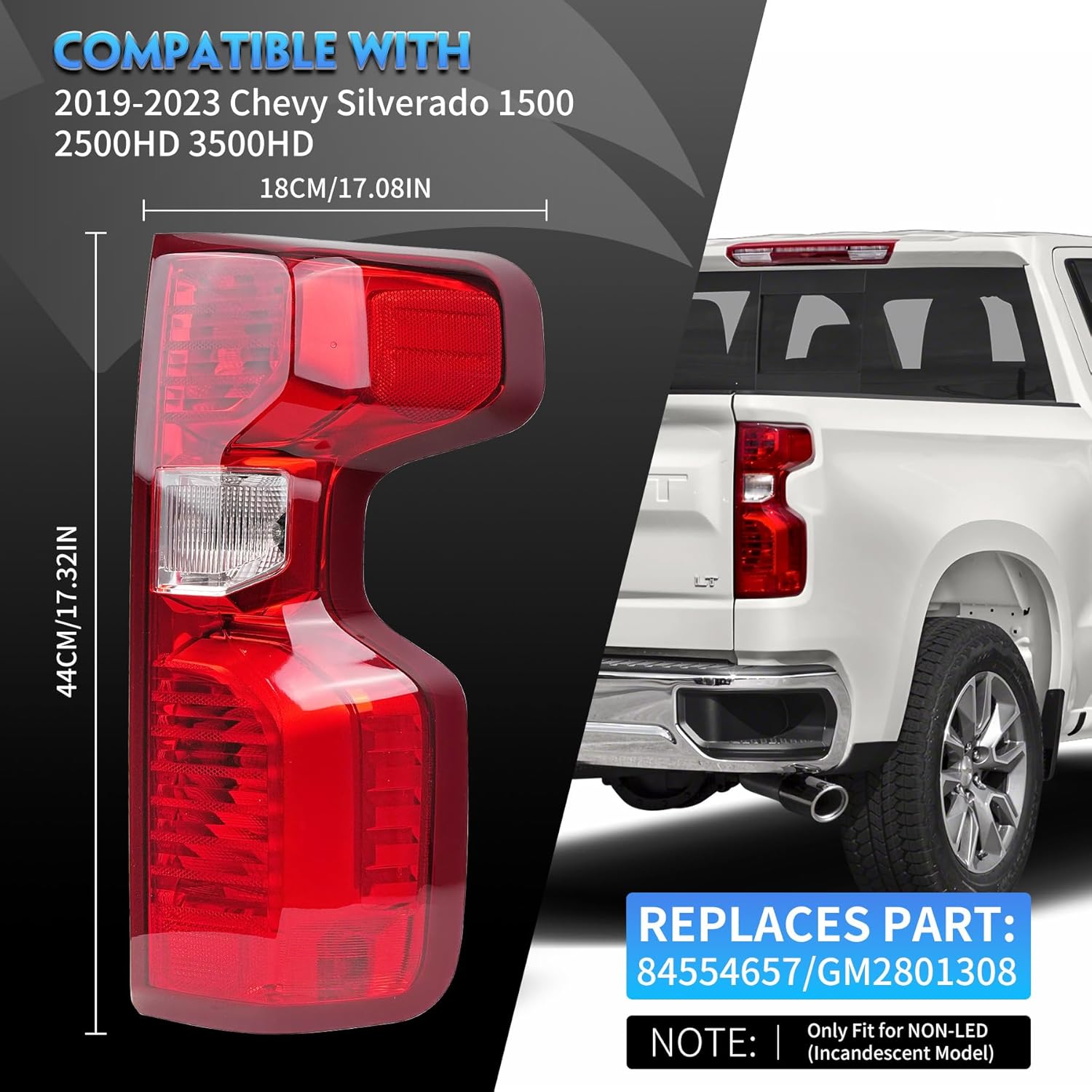 Passenger Side Tail Light Assembly Compatible With Chevy Silverado 1500 2500HD 3500HD for 2019-2024, Halogen Type Right Rear Brake Lamp, with Bulb Harness