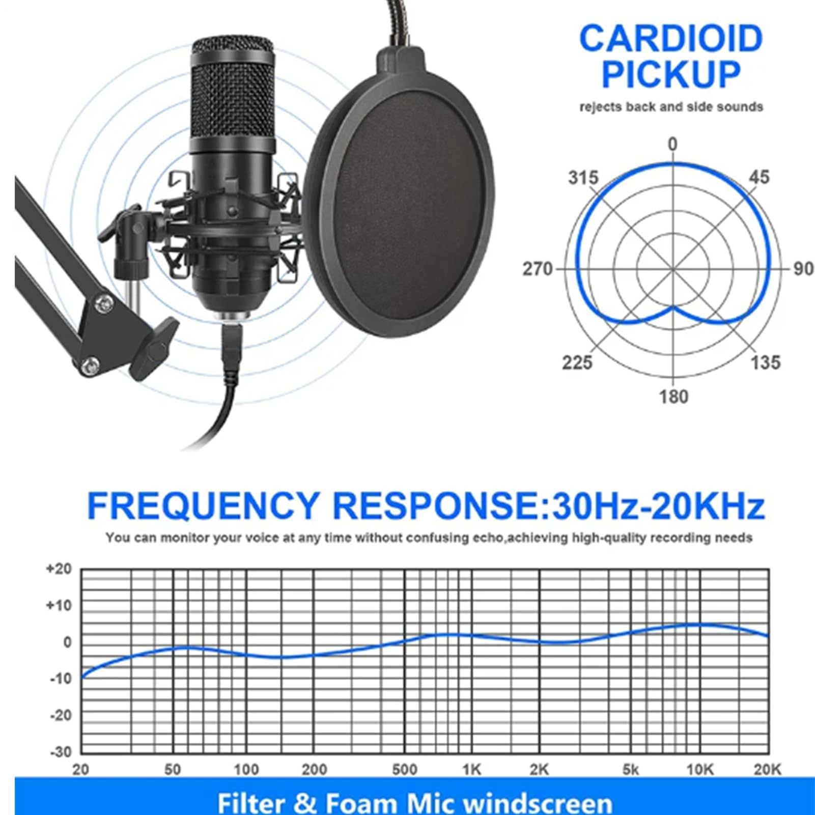 Ensemble Enregistrement - Équipement Studio, Kit Streaming | Matériel Audio Professionnel, Haute Sensibilité avec Support Réglable pour Podcast Musique à Domicile et Performances Directes