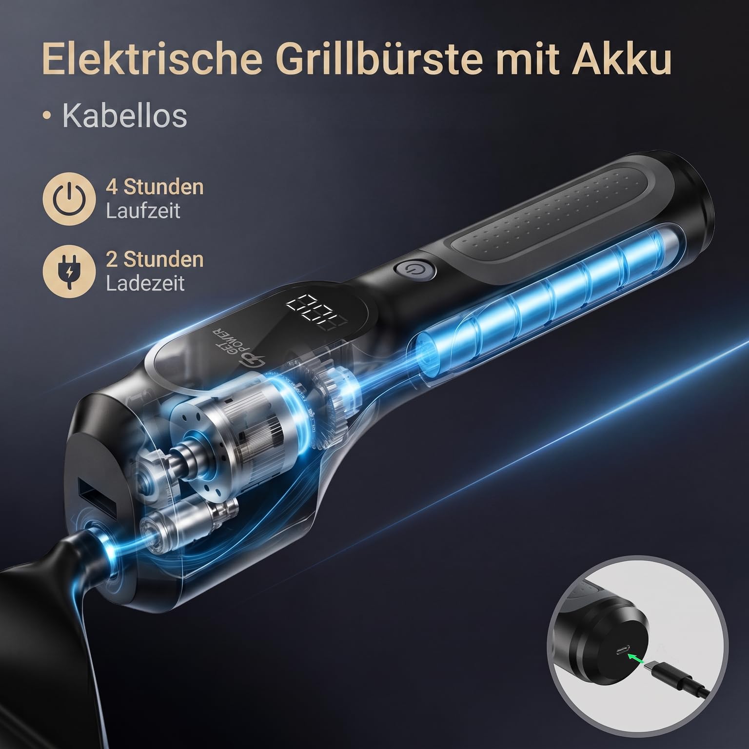 Elektrische Grillbürste Akku,kabellos,druckbasierte Drehzahlregelung,wiederaufladbar,leicht zu reinigen,kompatibel mit den meisten Grillgeräten,Nicht ausfallende Metallborsten