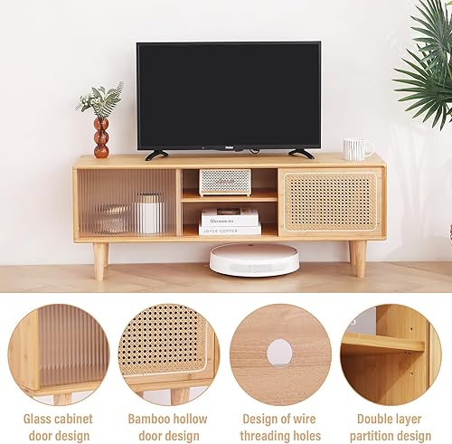 Miniatura 5 de Tiita Soporte de TV de ratán para TV de 55 pulgadas, gabinete de TV de bambú con estante ajustable y almacenamiento, centro de entretenimiento