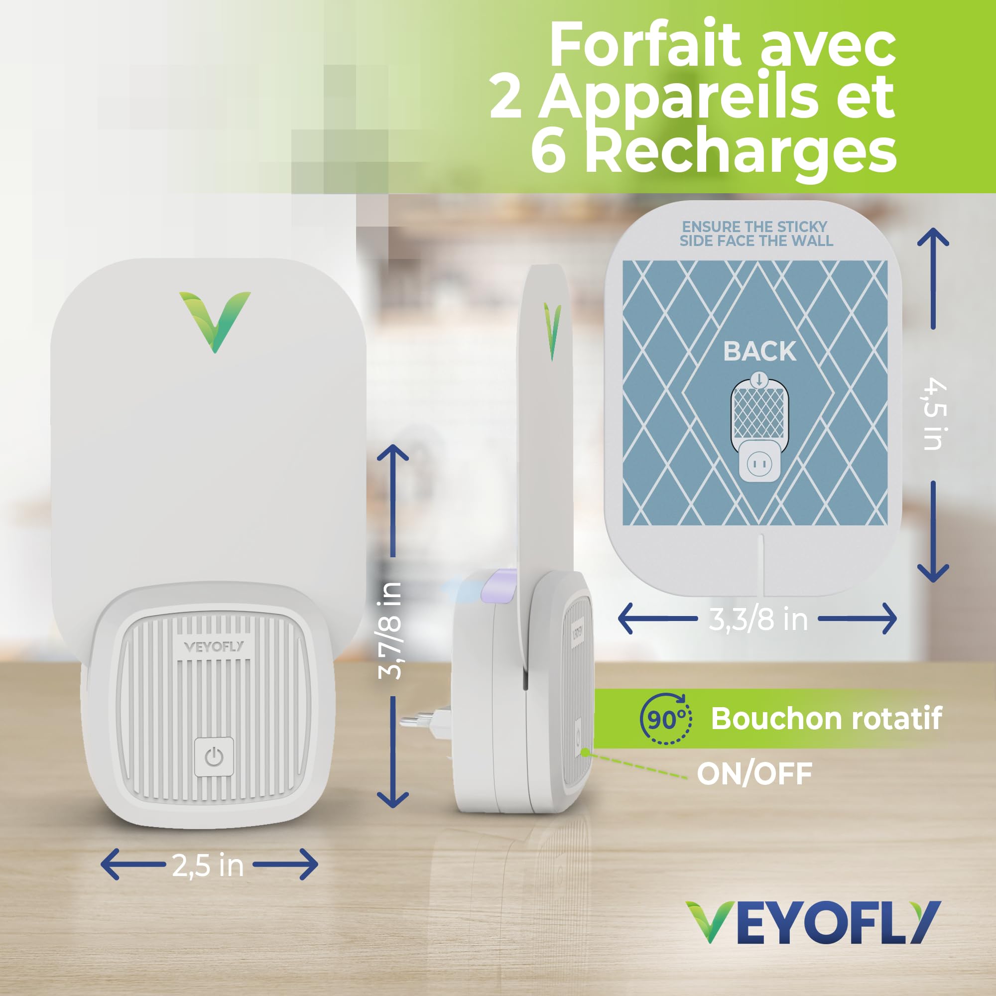 VEYOFLY Insect Catcher, Mosquito, Moth, Fruit Fly - No-Zapper for Indoor - Capture Indoor Insects with Suction, Bug Light, and Sticky Glue - Zevo - Device Kit 2 Pack + 5 Refills