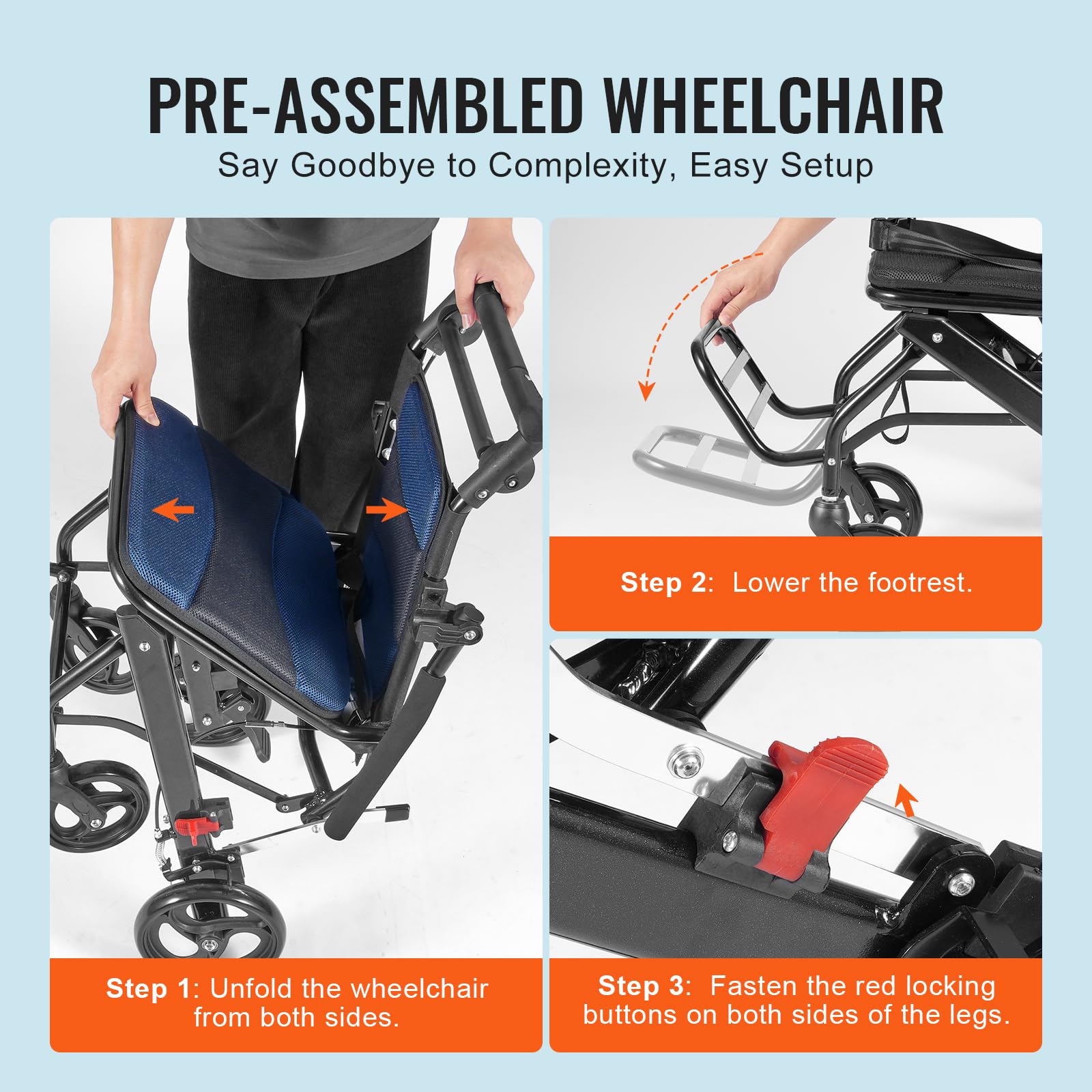 VEVOR Silla de Ruedas plegable de Transporte Ultraligera de Aleación de Aluminio para Adultos, con Brazos Abatibles hasta el Largo del Escritorio, Freno Autoblocante, 875 x 480 x 892 mm, Negro + Azul