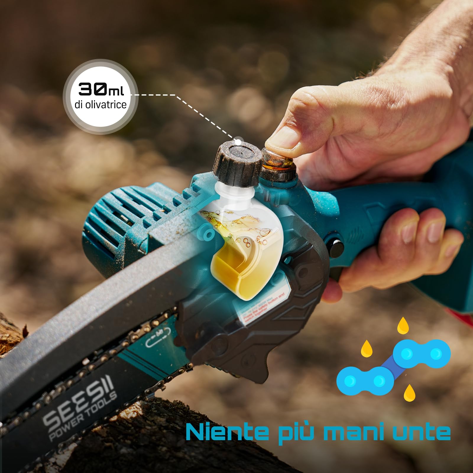 SEESII Mini Motosega a Batteria 8000mAh, 900W 6 Pollici Sega Elettrica per Potatura con Pompetta Olio e Catena di Ricambio, Motosega da Potatura per il Taglio del Legno Giardini, M6 Pro
