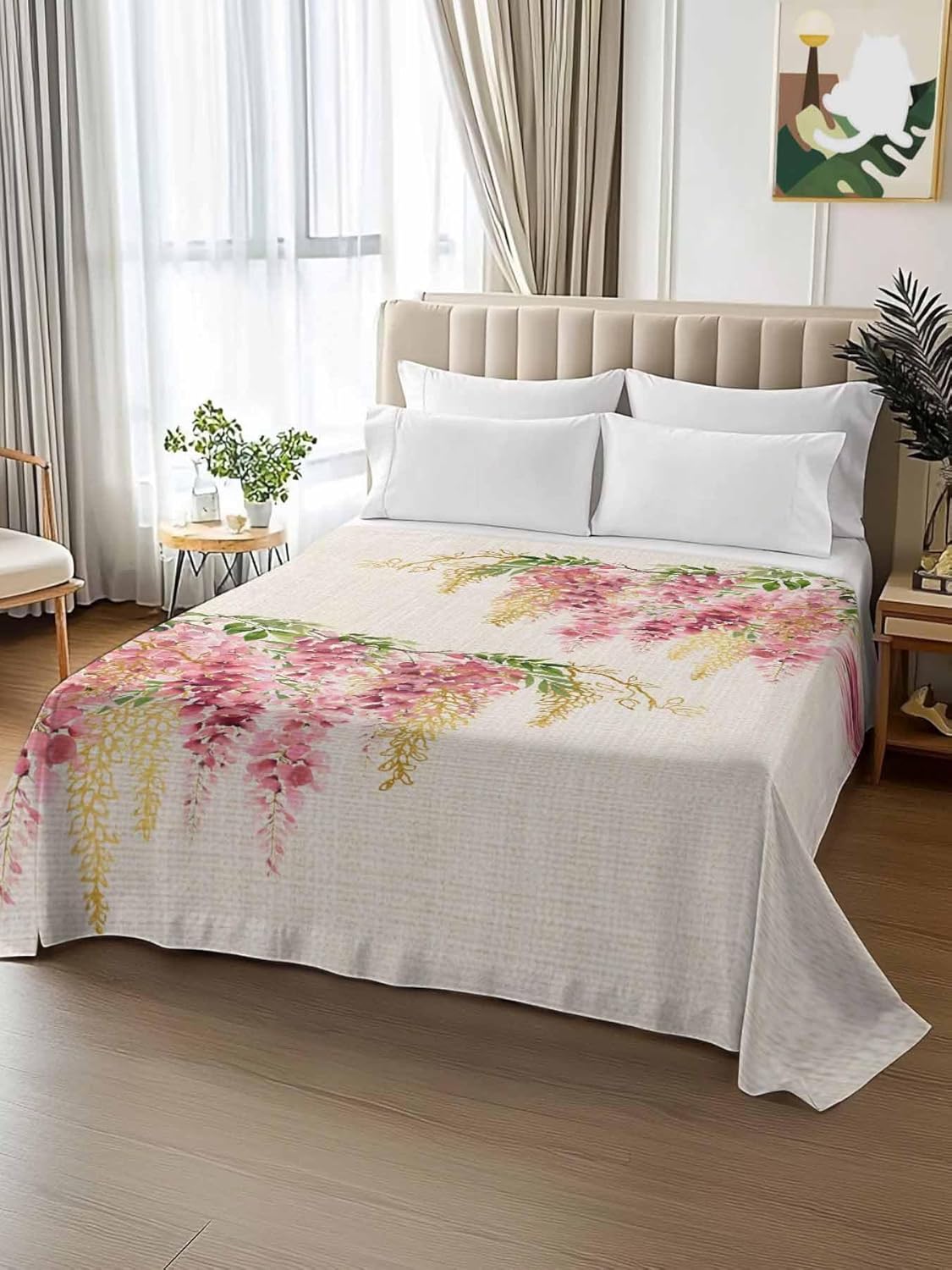 Top Sheet Full Bedding Flat Sheet Only, Vintage Pink Purple Vineflowers Microfiber Bed Sheets Soft Breathable Bedding Flat Sheets, Summer Flowers Leaves Hotel Luxury Top Sheets