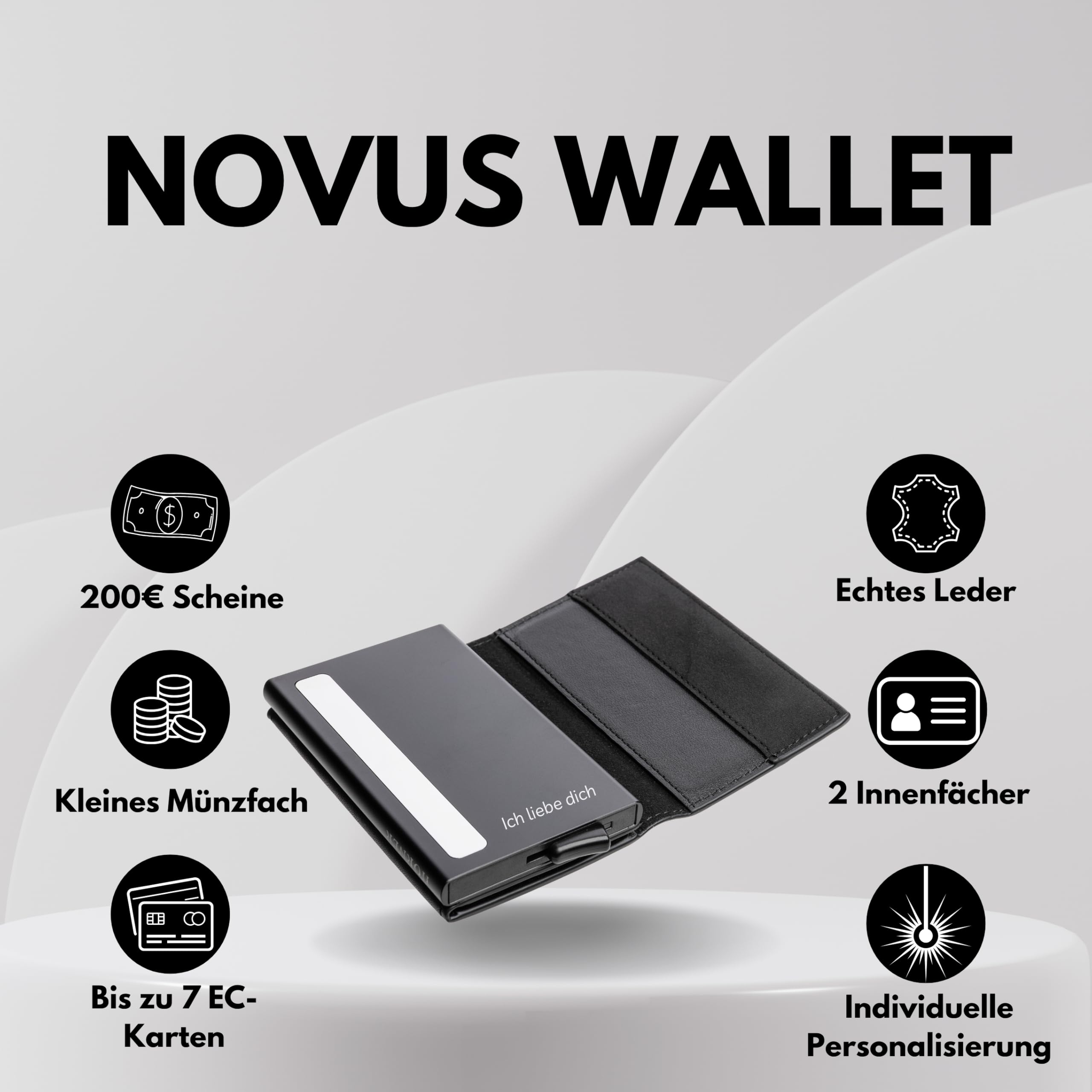 Hörner Novus Wallet – Slim Geldbeutel aus Echtleder, Aluminium-Cardholder (bis 7 Karten) mit Schiebemechanismus, Münzfach mit Reißverschluss, Scheinfach für 200-€-Scheine, 10×6×2 cm, Geschenkbox