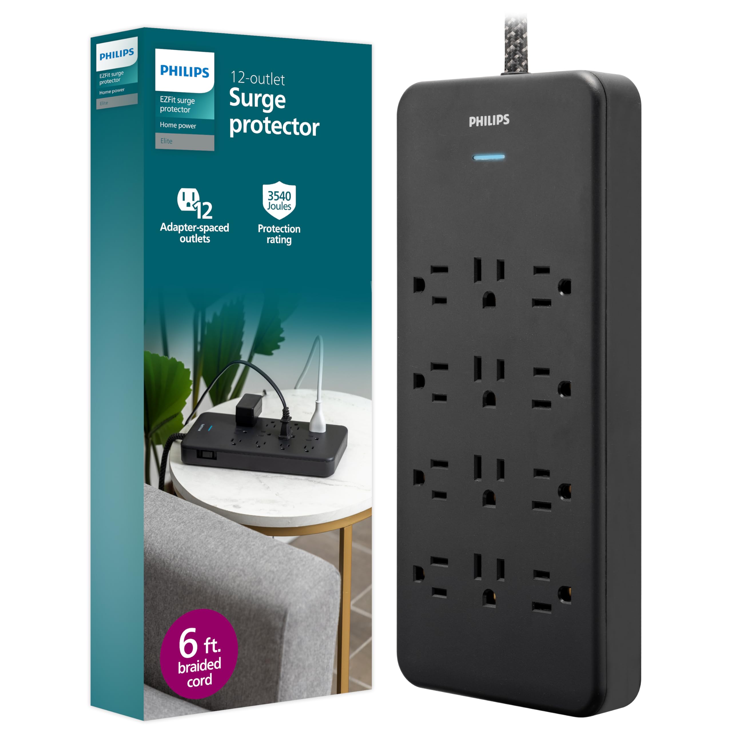 Philips 12-Outlet Surge Protector Power Strip, 6ft Braided Extension Cord, 3500 Joules, Multi Plug Outlet Extender, Adapter-Spaced, Black, SPP3813B/37