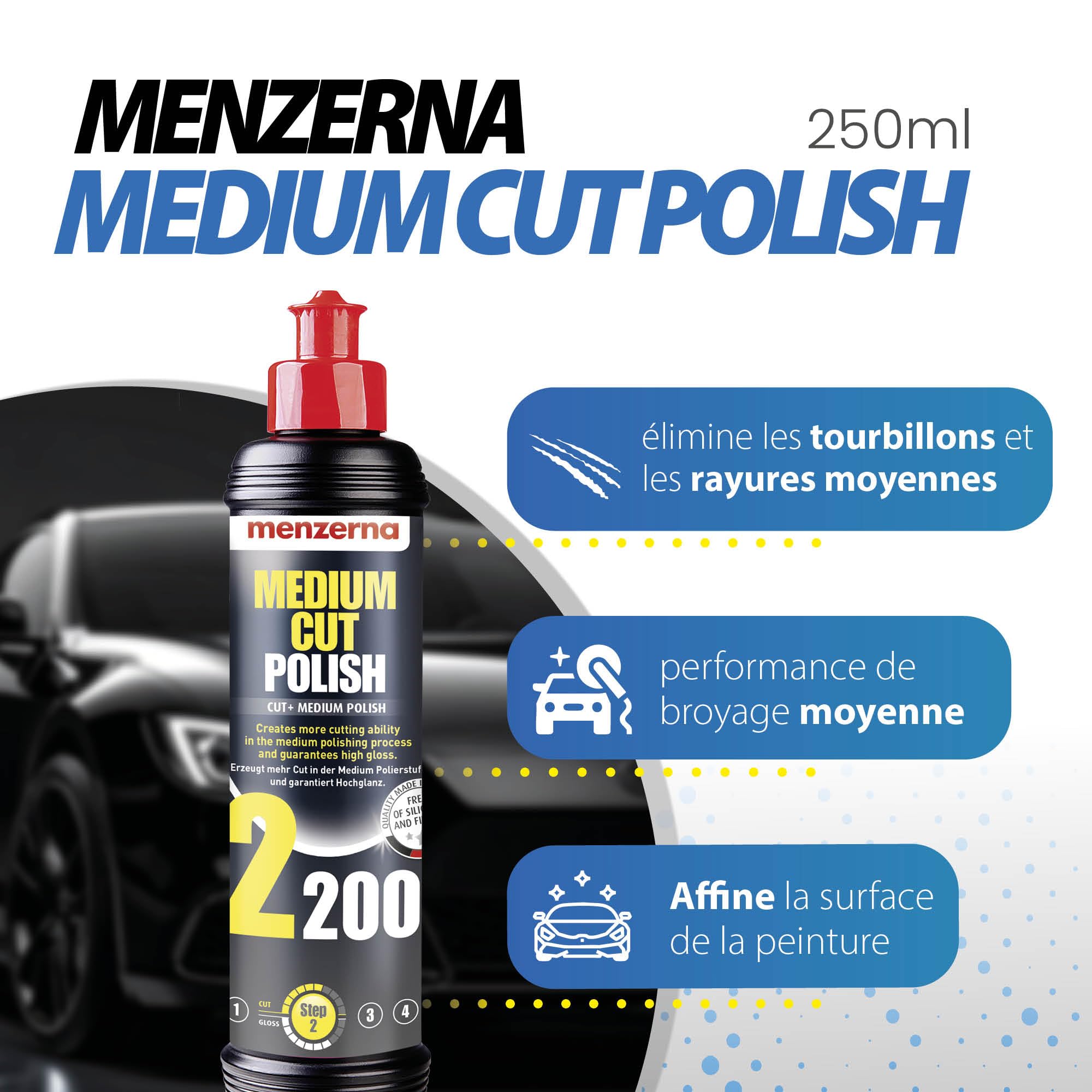 Menzerna Kit de Polissage pour Voiture : Menzerna Heavy Cut Compound 1000 + Medium Cut Compound 2200 + Super Finish 3500 + Power Lock Sachet 20ml + 4X Chiffon Microfibre 40x40cm