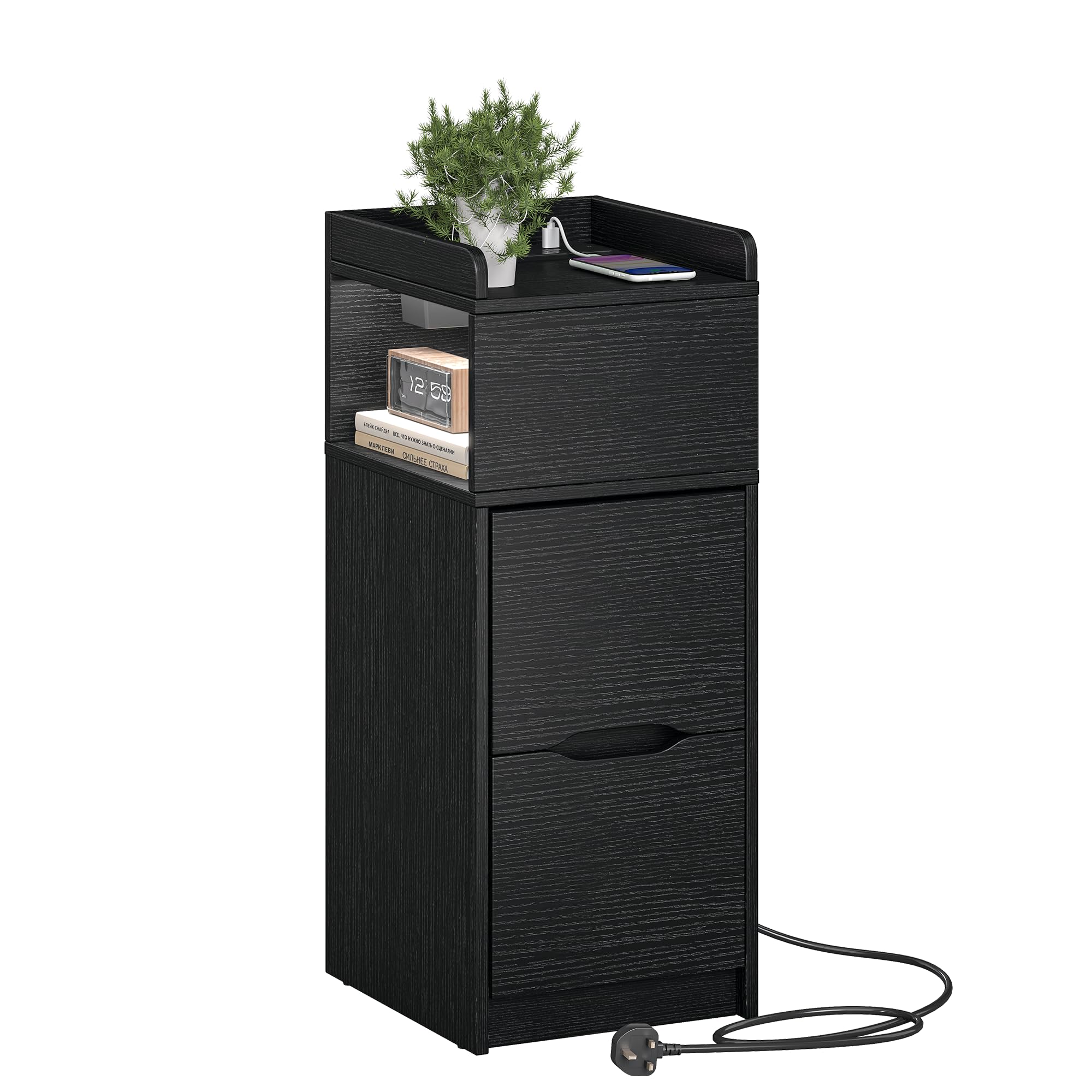 Quikraen 27cm Slim Bedside Table with Charging Station and Sensor LED Light