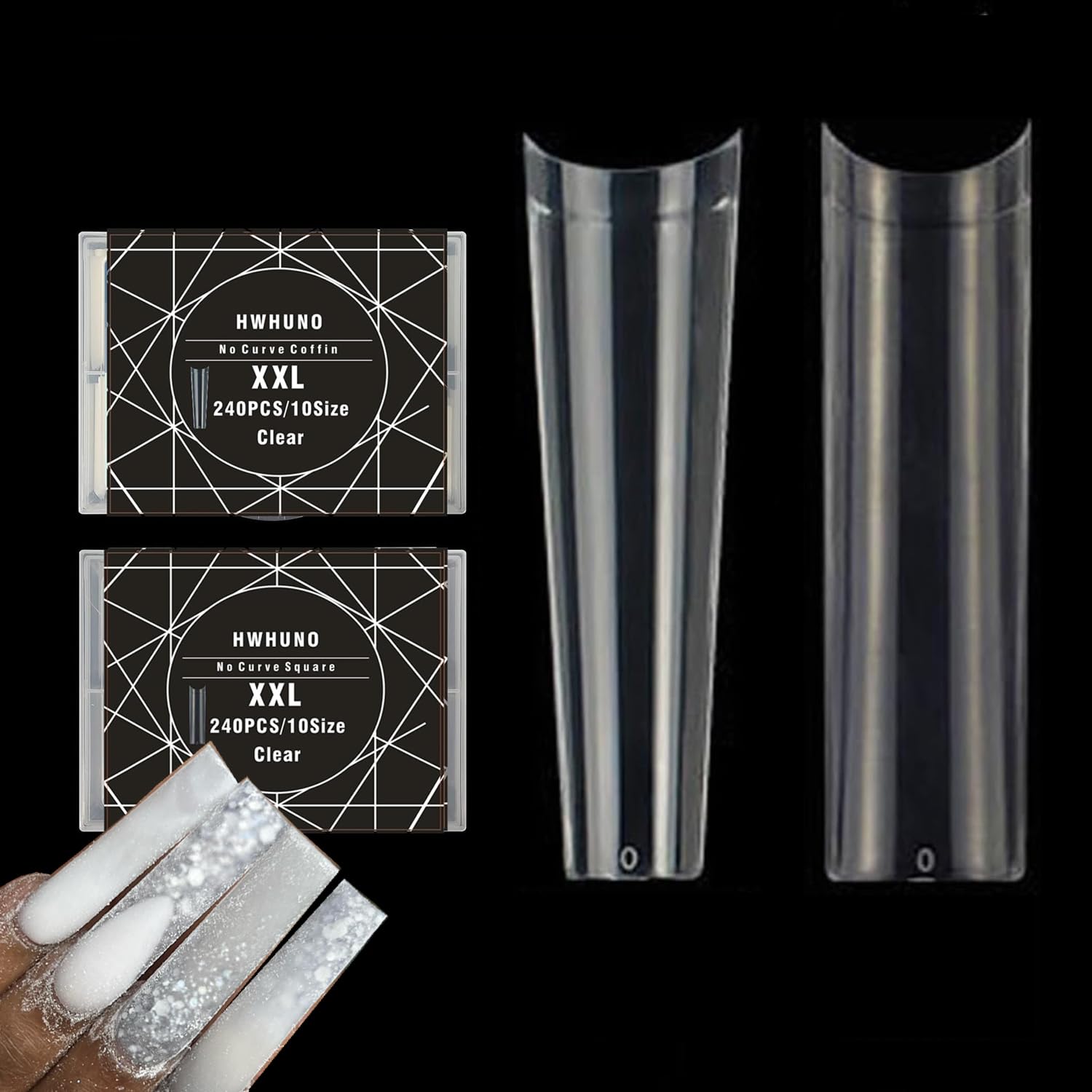 480Pcs NO C Curve XXL Square&Coffin Nail Tips Clear 2 Shape Set, Half Cover Straight Ballerina Nails Extension for Salon Home DIY