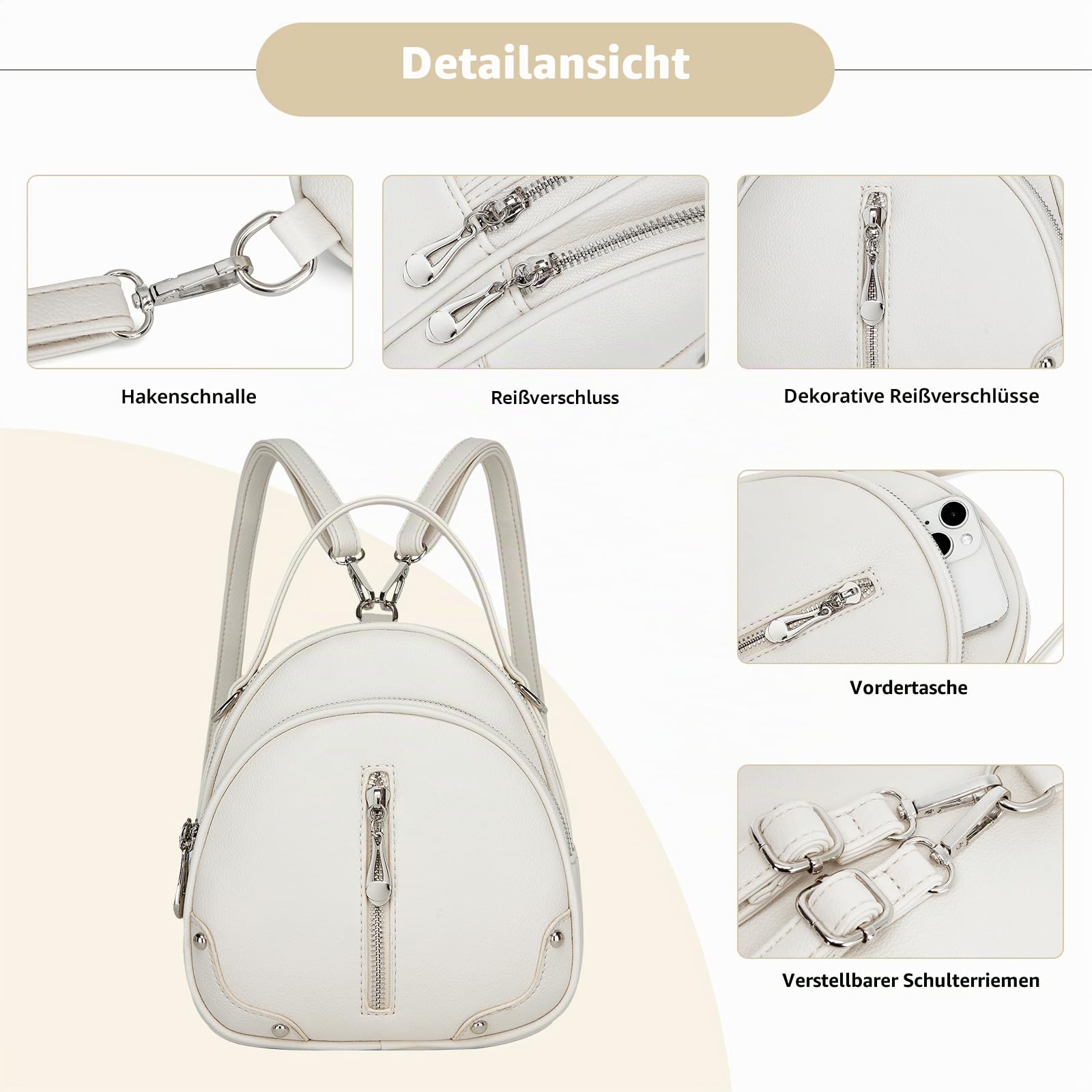 Miss Lulu Damen Handtasche Mini Rucksack Kleiner Eleganter Cityrucksack für Frauen Leichter Reiserucksack mit Abnehmbarem Riemen und 4 Reißverschlusstaschen