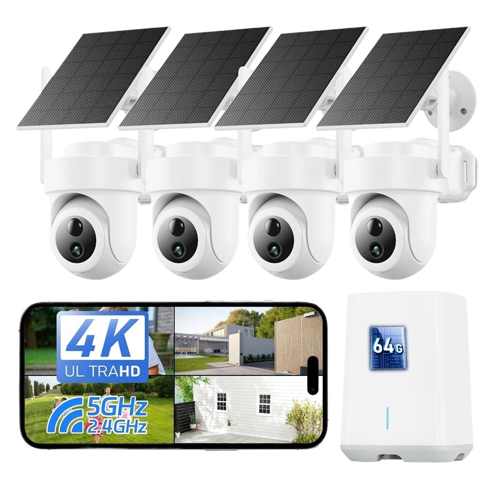 JVDDI 4K 8MP Home Base Hub 4-Cam Kit Wireless WiFi Battery Solar PTZ Camera Outdoor Auto Motion Tracking PIR