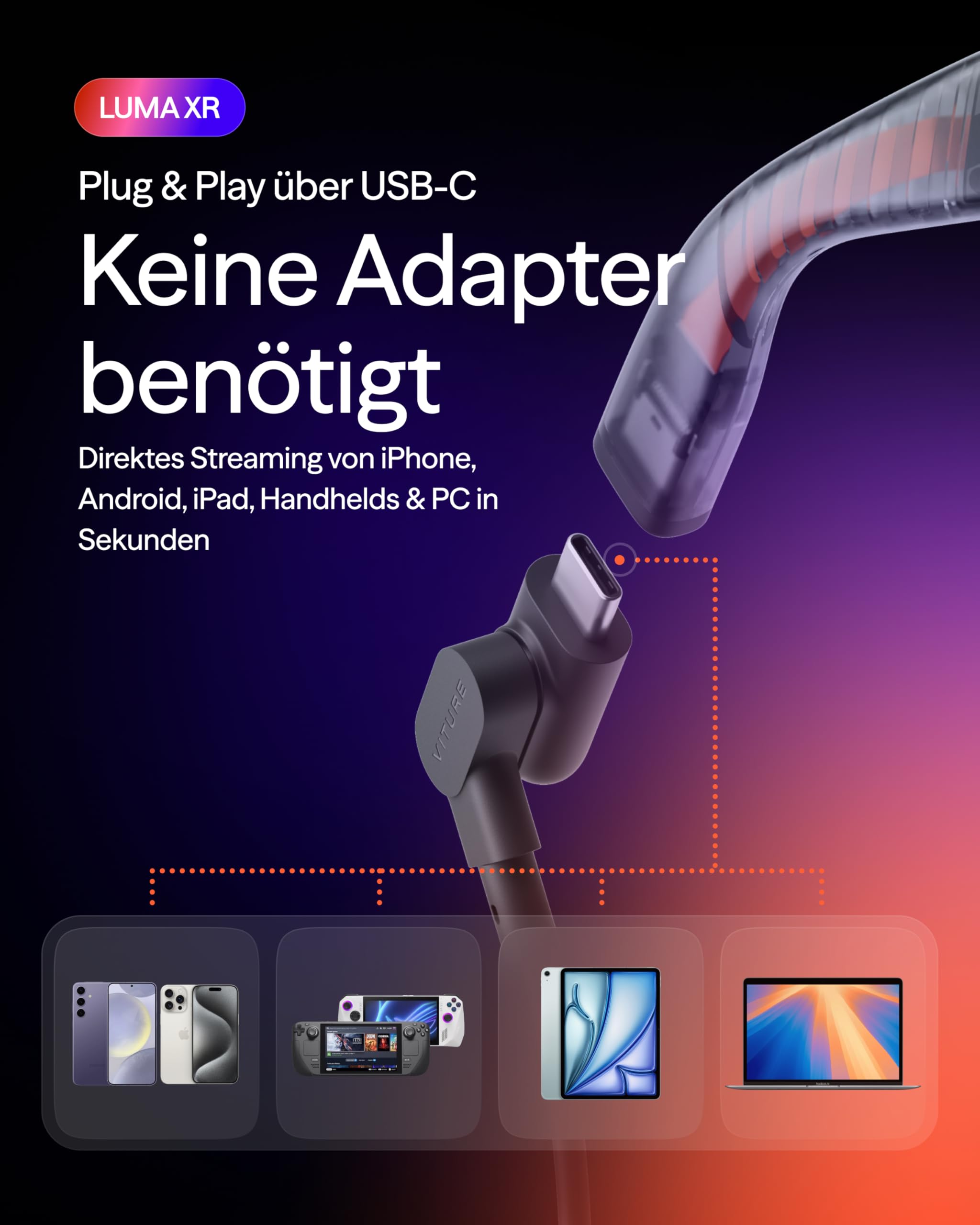 VITURE Luma AR/XR Brille – 146" 1200p Ultra-Scharf-Display, 50° Sichtfeld, 3Dof, Elektrochromer Film, Adaptive Abdunklung, AR Brille für iPhone 17/16/15, Android, Mac, PC, Steam Deck, Switch, Switch 2