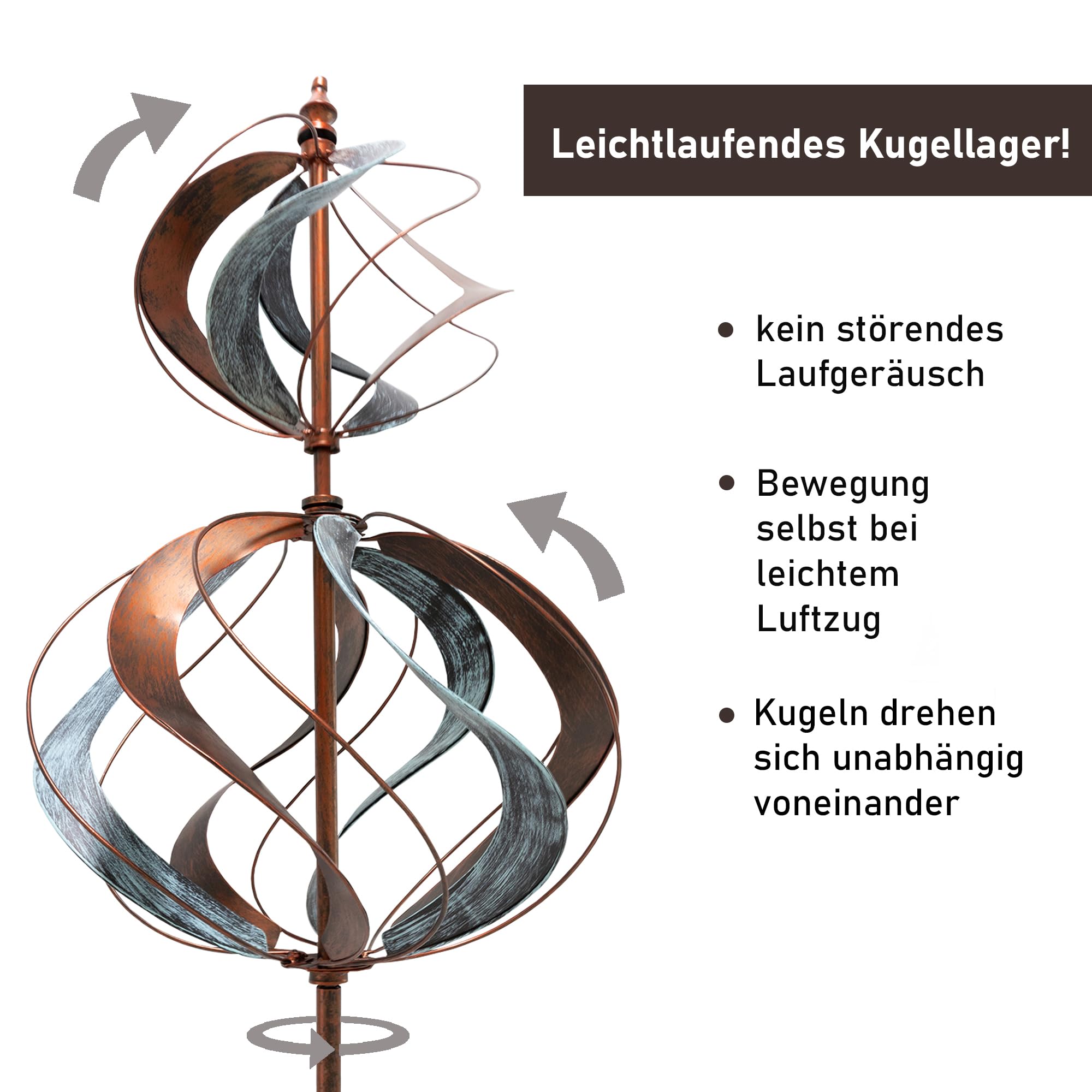 LEMODO Windrad Tulip mit gegenläufigen Rotoren | Gartendeko in 3 Höhen aufbaubar | Gartenstecker 213 cm hoch | Windmühle in Kupferoptik | Windskulptur mit Charme