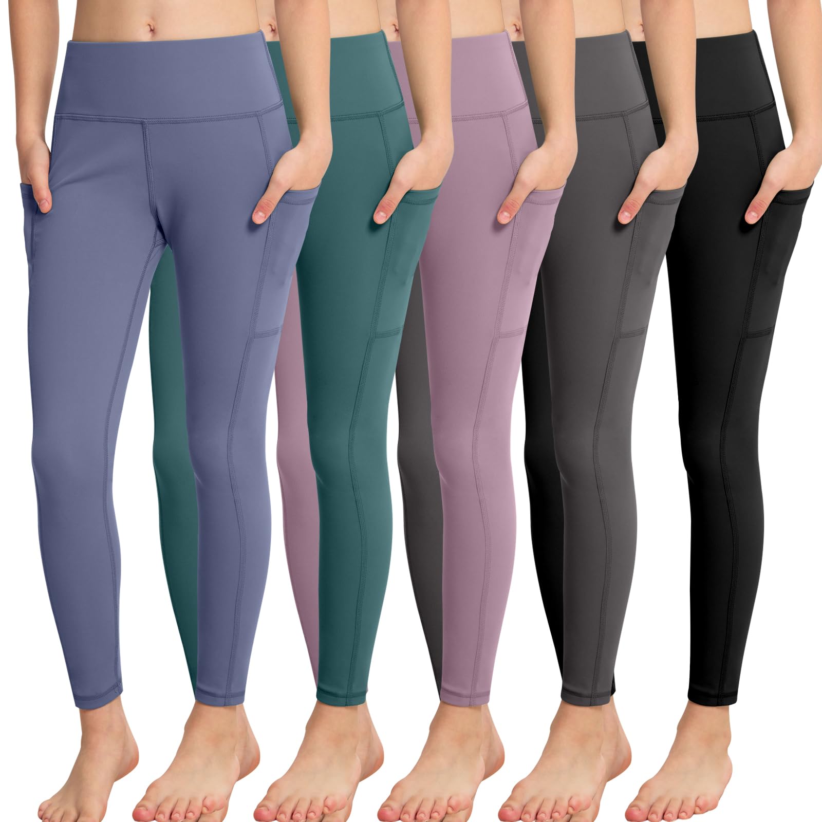 CHRLEISURE Girls' Athletic Leggings with Pockets, 5 Packs Kids Teen Dance Yoga Workout Running Pants for 8-9 Years(BlackGrayPinkGreenBlue, M)