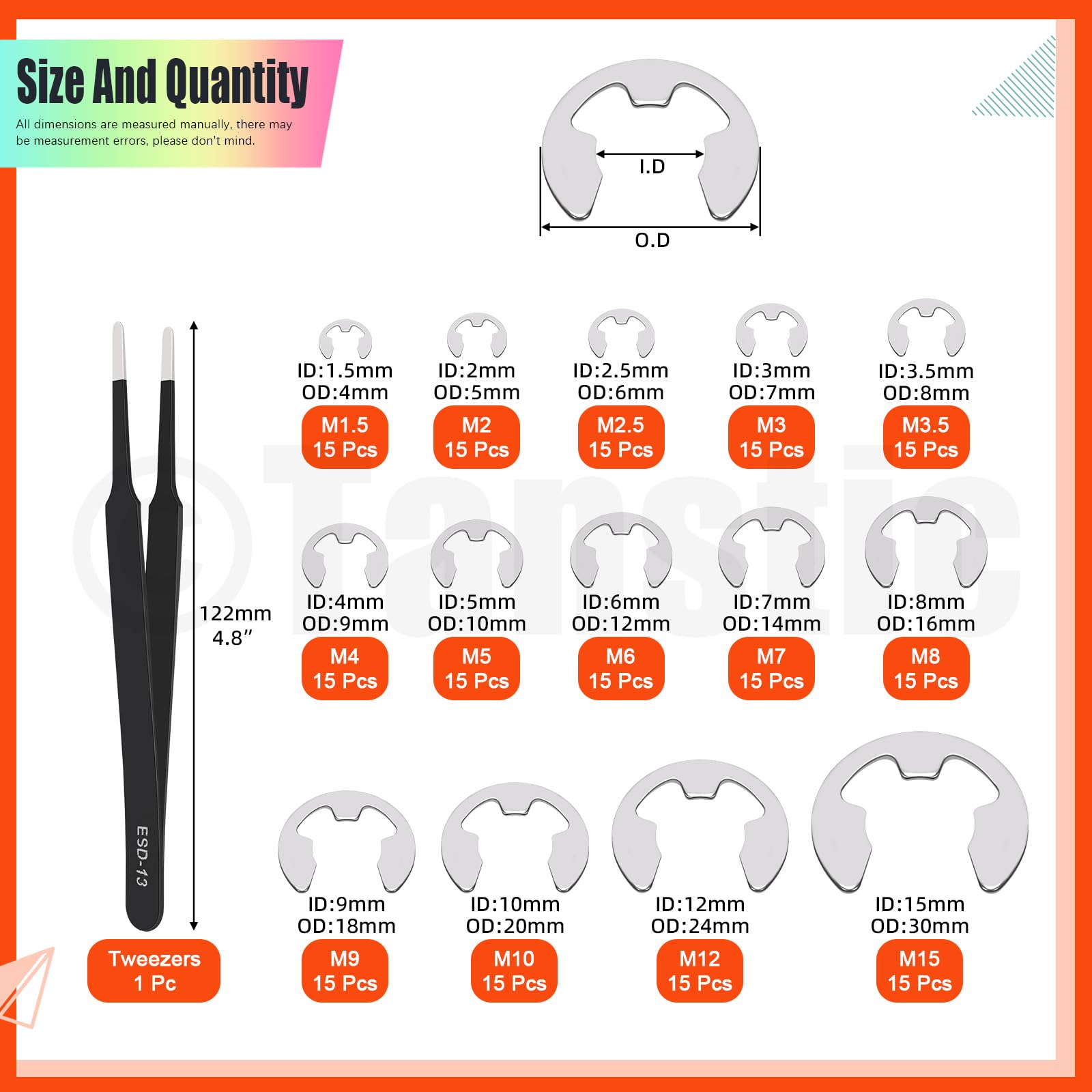 Tanstic 210Pcs 14 Sizes E-Clip External Retaining Ring E Clip Assortment Stainless Steel E-Clip for Bearings Gears - Image 2